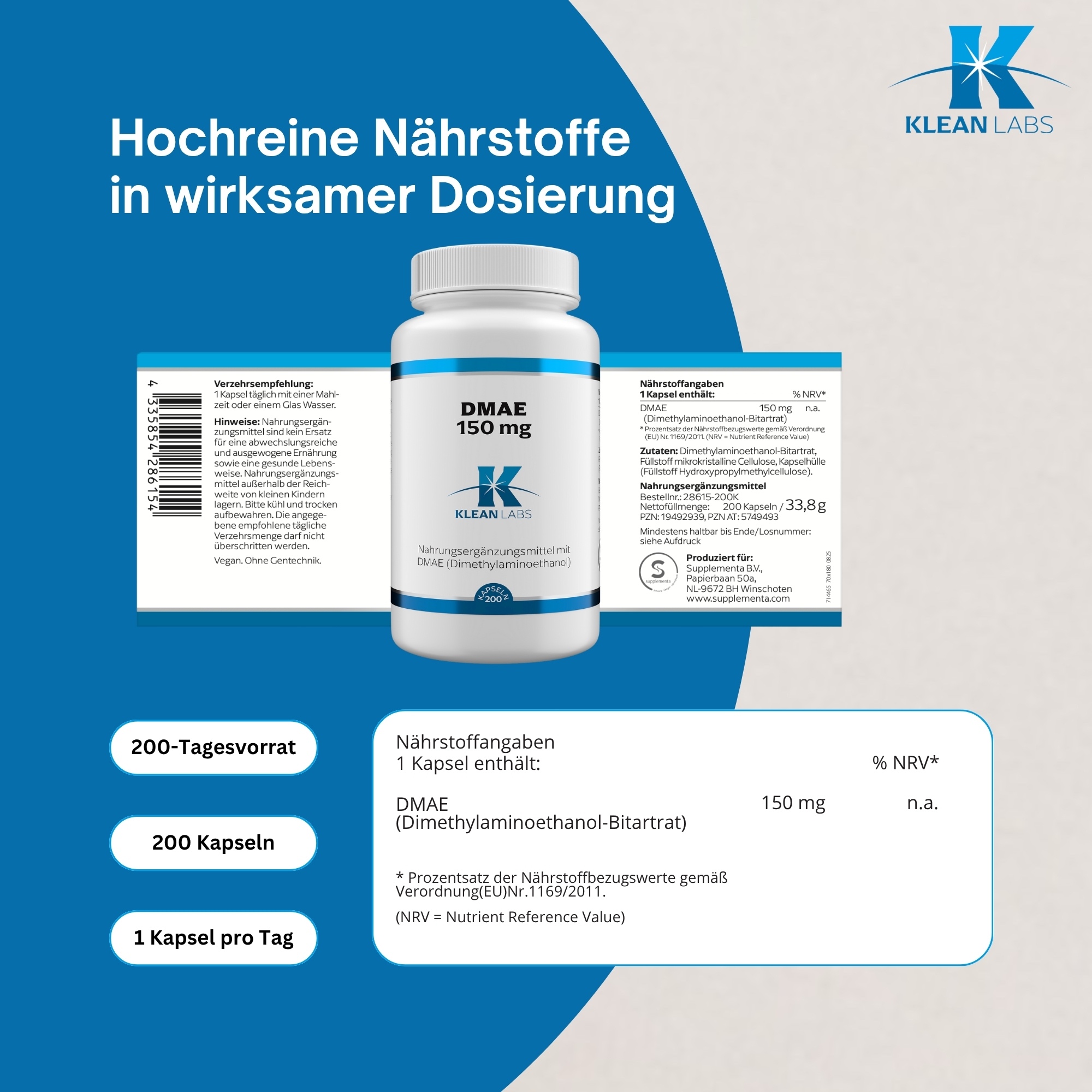 Produktfoto: Eine weiße Flasche mit einem blauen Etikett, das Nährstoffangaben und Zutaten für ein Nahrungsergänzungsmittel enthält. Auf dem Etikett steht “DMAE 150 mg“ und die Inhaltsstoffe sind Dimethylaminoethanol-Bitartrat, mikrokristalline Cellulose und Hydroxypropylmethylcellulose. Das Etikett enthält auch Bestellnummer, Nettogewicht und PZN-Nummern. Hergestellt von Supplementa B.V. in Winschoten, Niederlande.
