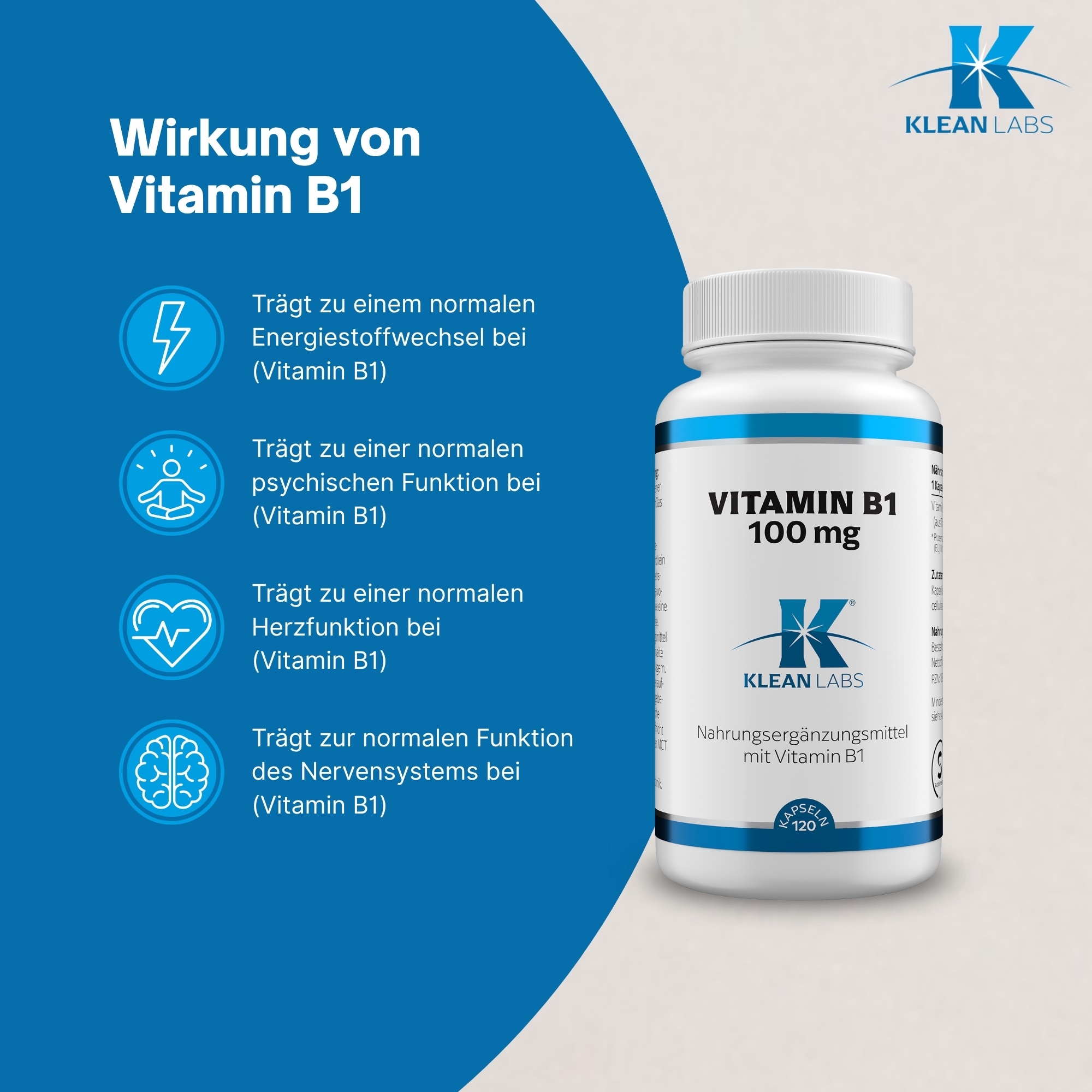 Produktfoto: Eine weiße Plastikflasche mit einem Etikett, das Informationen über ein Nahrungsergänzungsmittel enthält. Das Etikett zeigt Nährstoffangaben für Vitamin B1 und Zutaten wie Reismehl und Thiaminhydrochlorid. Die Flasche enthält 120 Kapseln mit einer Nettofüllmenge von 48g. Herstellerinformationen und eine Webseite sind ebenfalls auf dem Etikett angegeben.