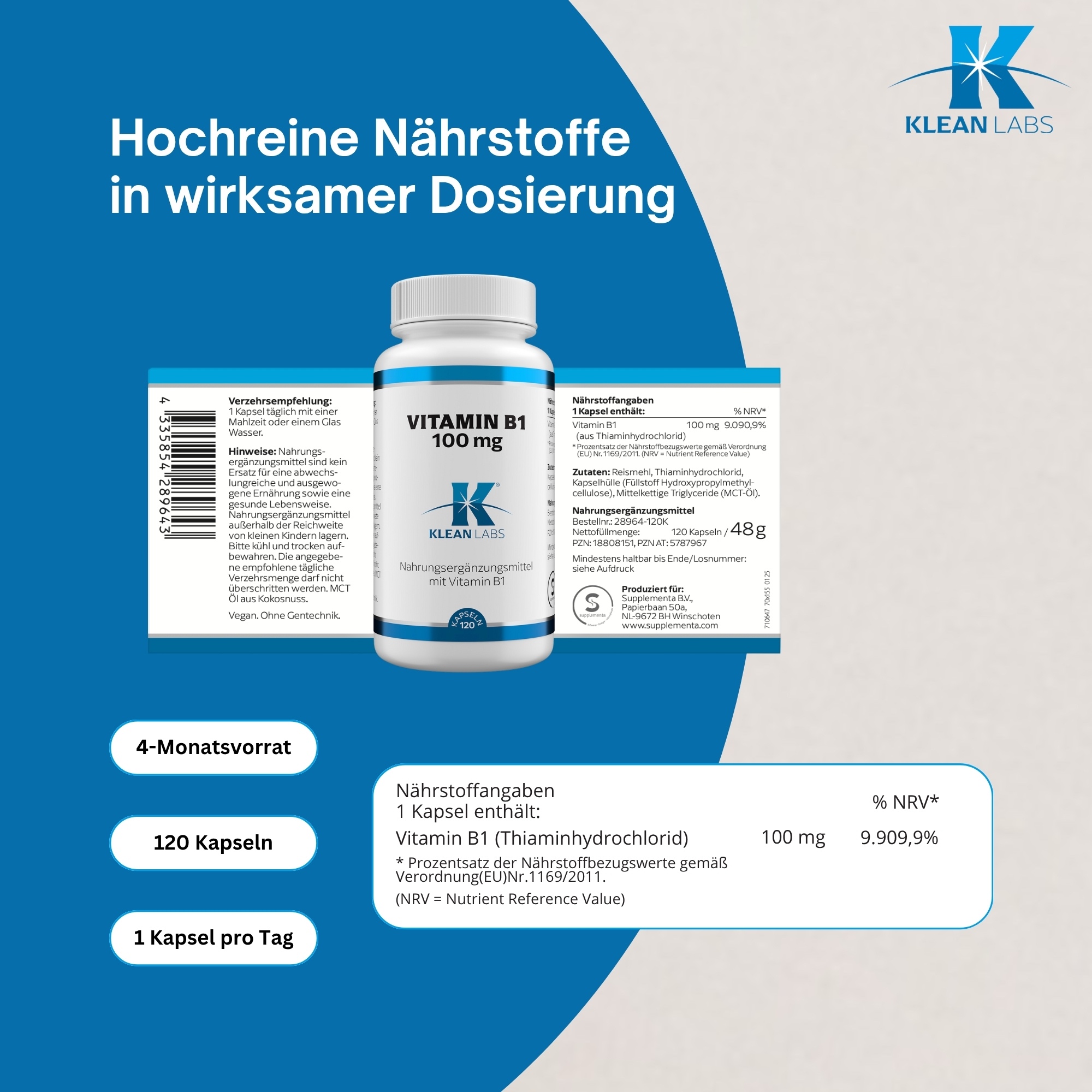 Produktfoto: Eine weiße Plastikflasche mit einem Etikett, das Informationen über ein Nahrungsergänzungsmittel enthält. Das Etikett zeigt Nährstoffangaben für Vitamin B1 und Zutaten wie Reismehl und Thiaminhydrochlorid. Die Flasche enthält 120 Kapseln mit einer Nettofüllmenge von 48g. Herstellerinformationen und eine Webseite sind ebenfalls auf dem Etikett angegeben.