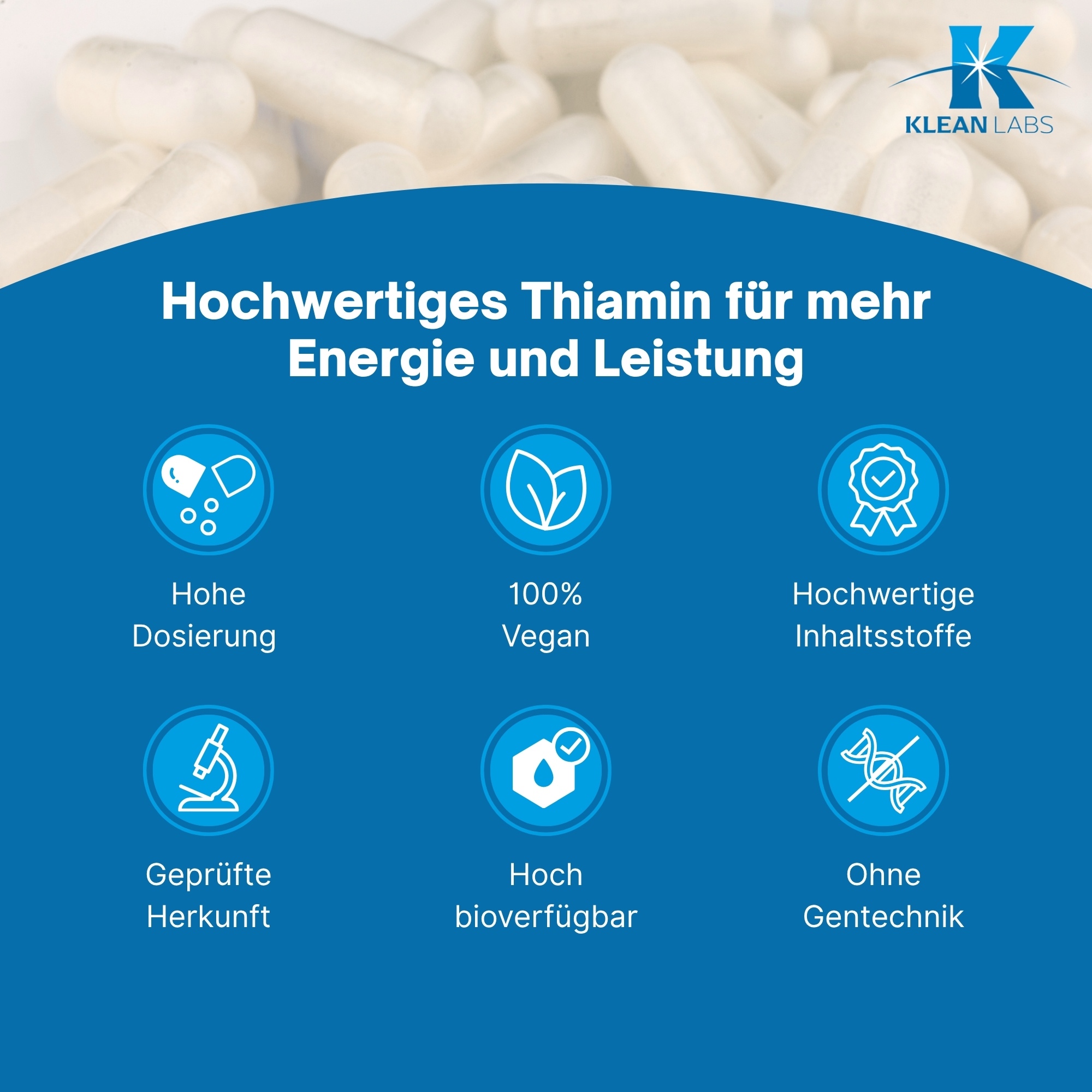 Produktfoto: Eine weiße Plastikflasche mit einem Etikett, das Informationen über ein Nahrungsergänzungsmittel enthält. Das Etikett zeigt Nährstoffangaben für Vitamin B1 und Zutaten wie Reismehl und Thiaminhydrochlorid. Die Flasche enthält 120 Kapseln mit einer Nettofüllmenge von 48g. Herstellerinformationen und eine Webseite sind ebenfalls auf dem Etikett angegeben.