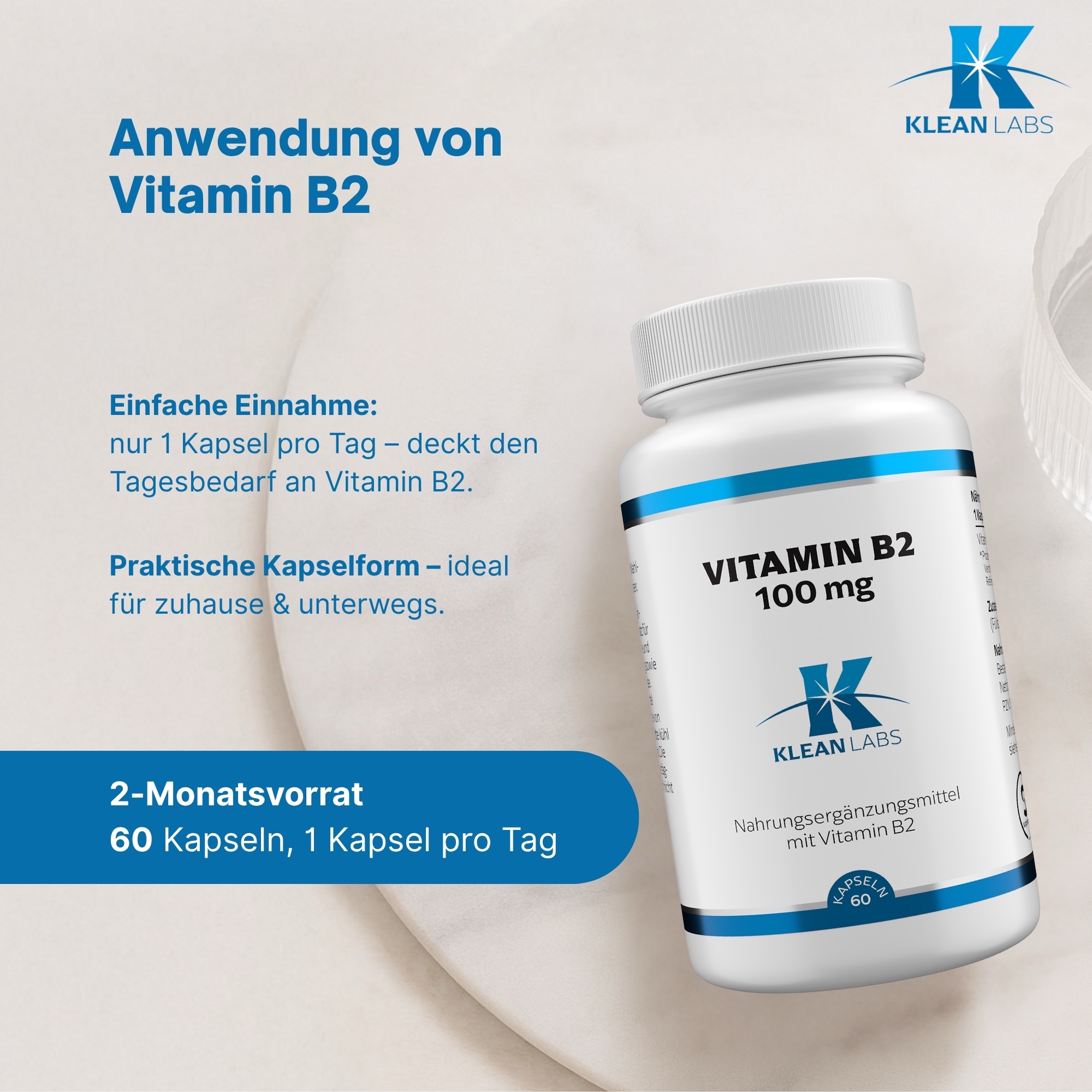 Produktfoto: Eine weiße Plastikdose mit blauer Banderole enthält Nahrungsergänzungsmittel mit Vitamin B2. Auf dem Etikett stehen Nährstoffangaben, Zutaten und Herstellerinformationen von Supplementa B.V., Winschoten.