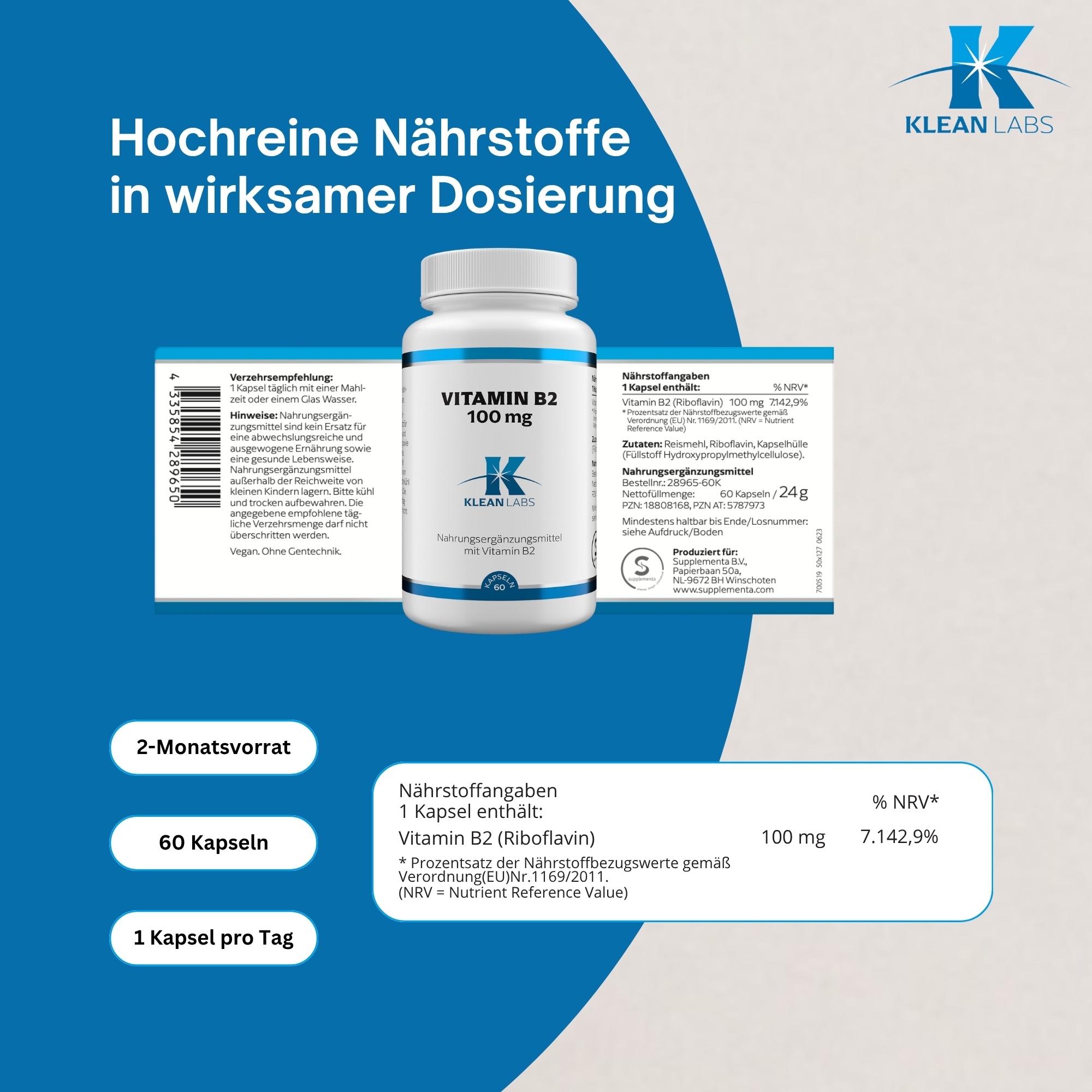 Produktfoto: Eine weiße Plastikdose mit blauer Banderole enthält Nahrungsergänzungsmittel mit Vitamin B2. Auf dem Etikett stehen Nährstoffangaben, Zutaten und Herstellerinformationen von Supplementa B.V., Winschoten.