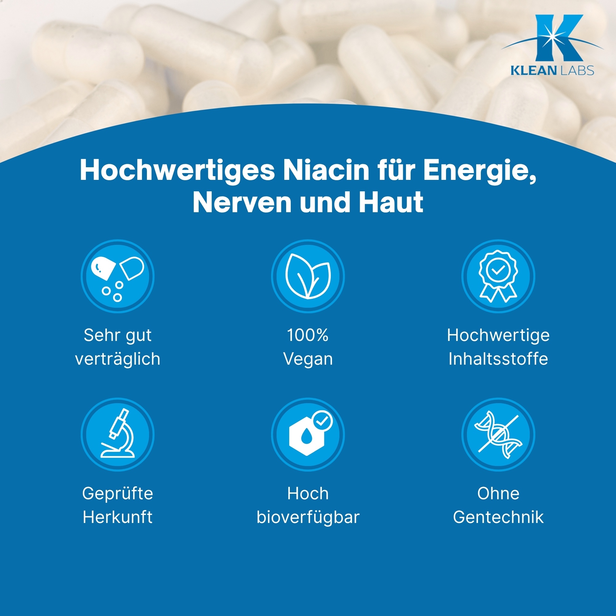 Produktfoto: Eine weiße Plastikflasche mit einem blauen Etikett, auf dem “Vitamin B3 250 mg“ und “Klean Labs“ steht. Die Flasche enthält 100 Kapseln eines Nahrungsergänzungsmittels mit Vitamin B3.