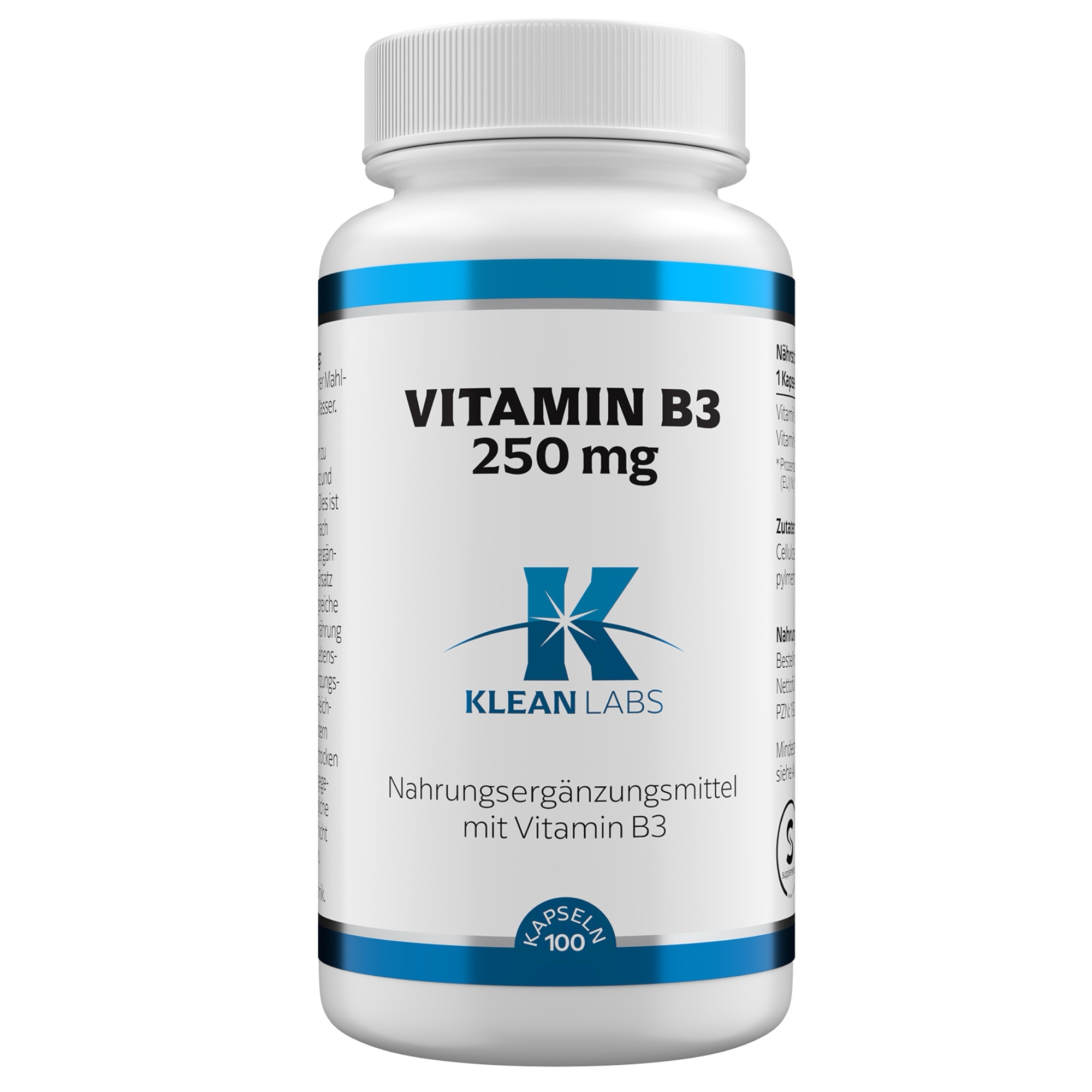 Produktfoto: Eine weiße Plastikflasche mit einem blauen Etikett, auf dem “Vitamin B3 250 mg“ und “Klean Labs“ steht. Die Flasche enthält 100 Kapseln eines Nahrungsergänzungsmittels mit Vitamin B3.