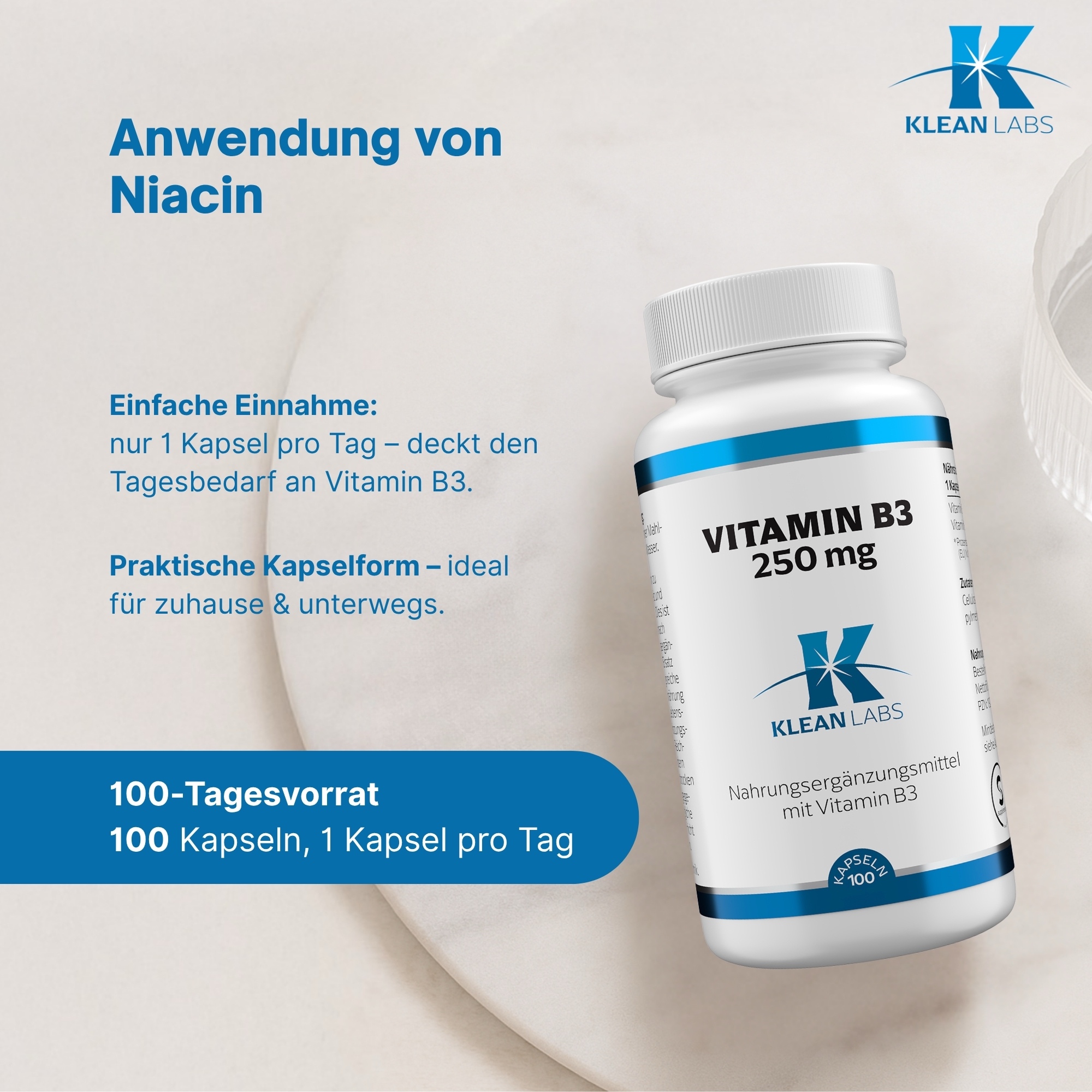 Produktfoto: Eine weiße Plastikflasche mit einem blauen Etikett, auf dem “Vitamin B3 250 mg“ und “Klean Labs“ steht. Die Flasche enthält 100 Kapseln eines Nahrungsergänzungsmittels mit Vitamin B3.