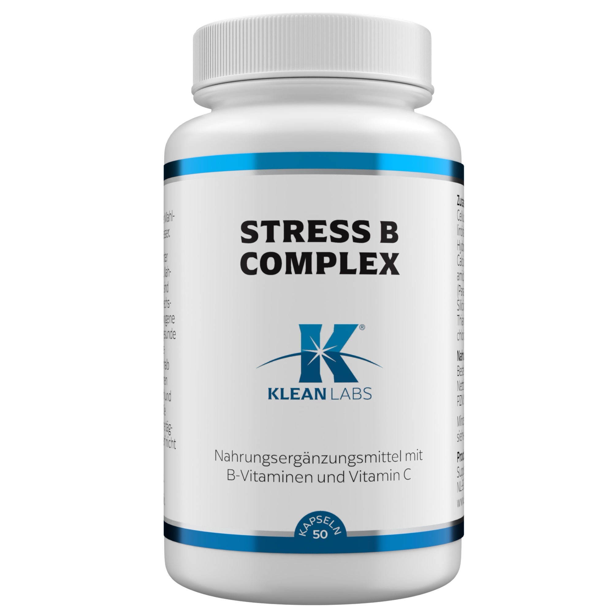 Produktfoto: Das Bild zeigt eine weiße Plastikflasche mit blauem Etikett, auf dem “STRESS B COMPLEX“ steht. Darunter ist das Logo von KLEAN LABS zu sehen. Die Flasche enthält 50 Kapseln eines Nahrungsergänzungsmittels mit B-Vitaminen und Vitamin C.