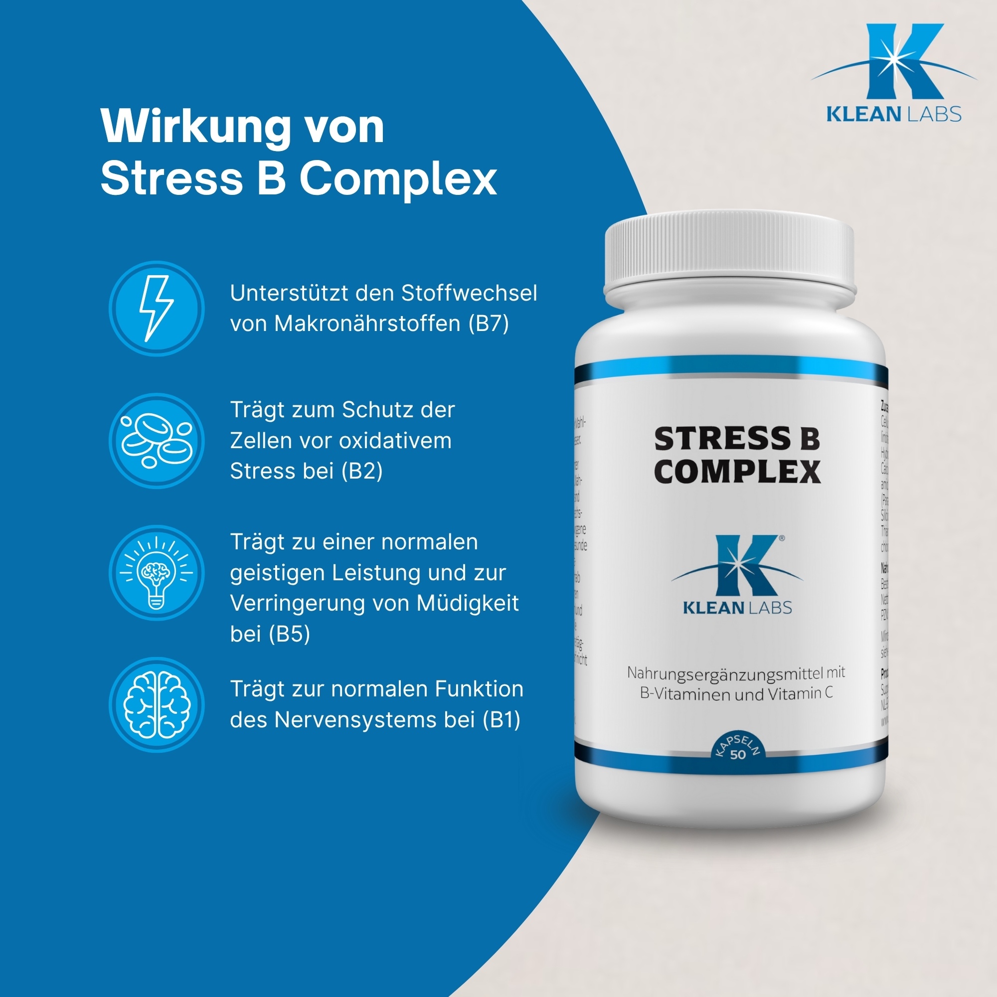 Produktfoto: Das Bild zeigt eine weiße Plastikflasche mit blauem Etikett, auf dem “STRESS B COMPLEX“ steht. Darunter ist das Logo von KLEAN LABS zu sehen. Die Flasche enthält 50 Kapseln eines Nahrungsergänzungsmittels mit B-Vitaminen und Vitamin C.