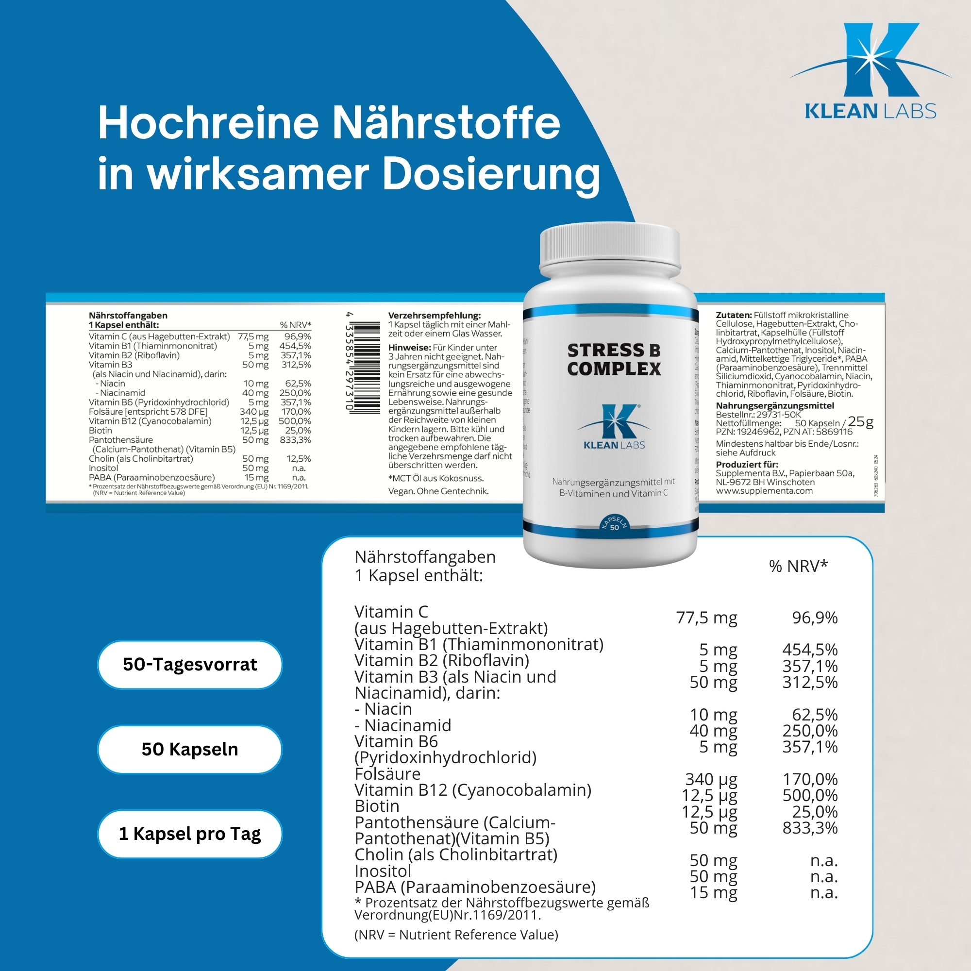 Produktfoto: Das Bild zeigt eine weiße Plastikflasche mit blauem Etikett, auf dem “STRESS B COMPLEX“ steht. Darunter ist das Logo von KLEAN LABS zu sehen. Die Flasche enthält 50 Kapseln eines Nahrungsergänzungsmittels mit B-Vitaminen und Vitamin C.