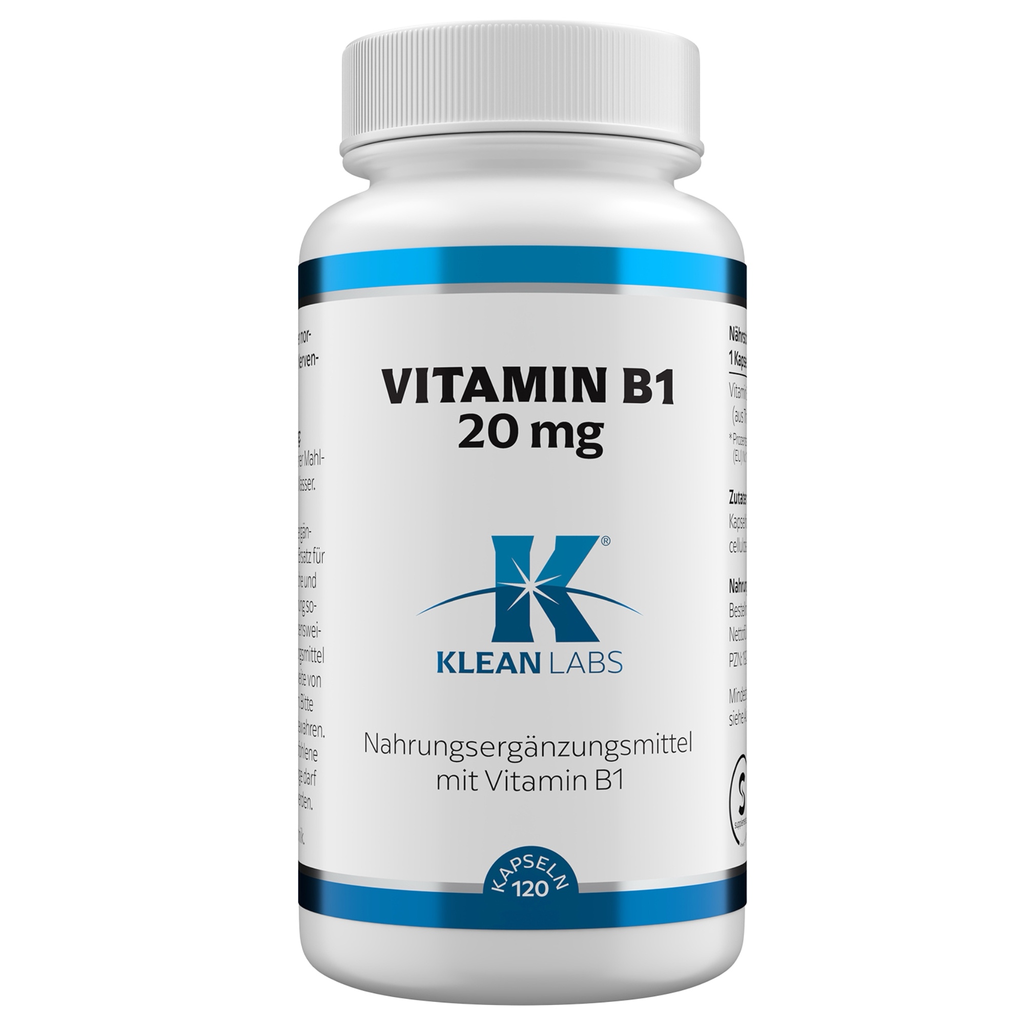 Produktfoto: Eine weiße Plastikflasche mit einem blauen Etikett, auf dem 'Vitamin B1 20 mg' und 'Klean Labs' steht. Es handelt sich um ein Nahrungsergänzungsmittel mit Vitamin B1. Die Flasche hat einen weißen Deckel und enthält 120 Kapseln.