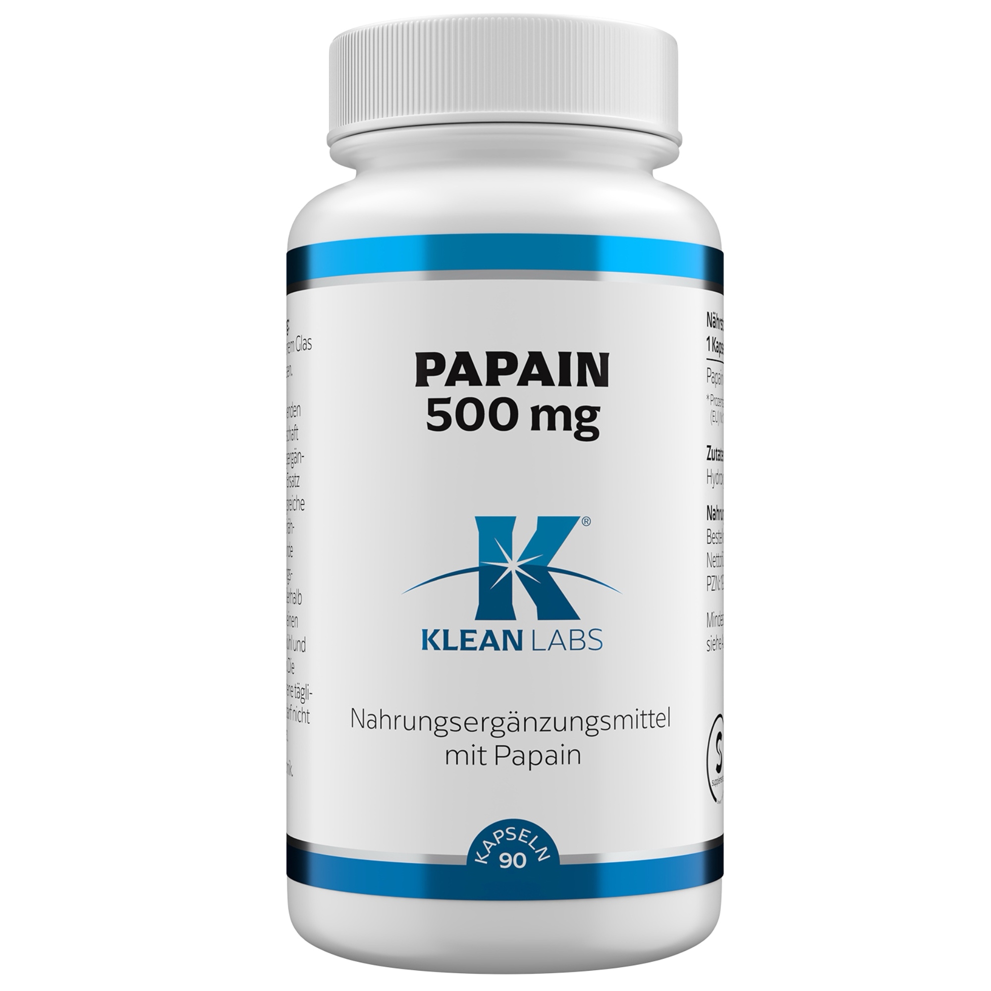 Produktfoto: Eine weiße Flasche mit blauer Aufschrift von Klean Labs. Auf der Flasche steht 'Papain 500 mg'. Es handelt sich um ein Nahrungsergänzungsmittel in Kapselform. Die Flasche hat ein blaues Etikett mit dem Logo von Klean Labs. Auf dem Etikett stehen Informationen zu den Inhaltsstoffen. Die Flasche enthält 90 Kapseln.