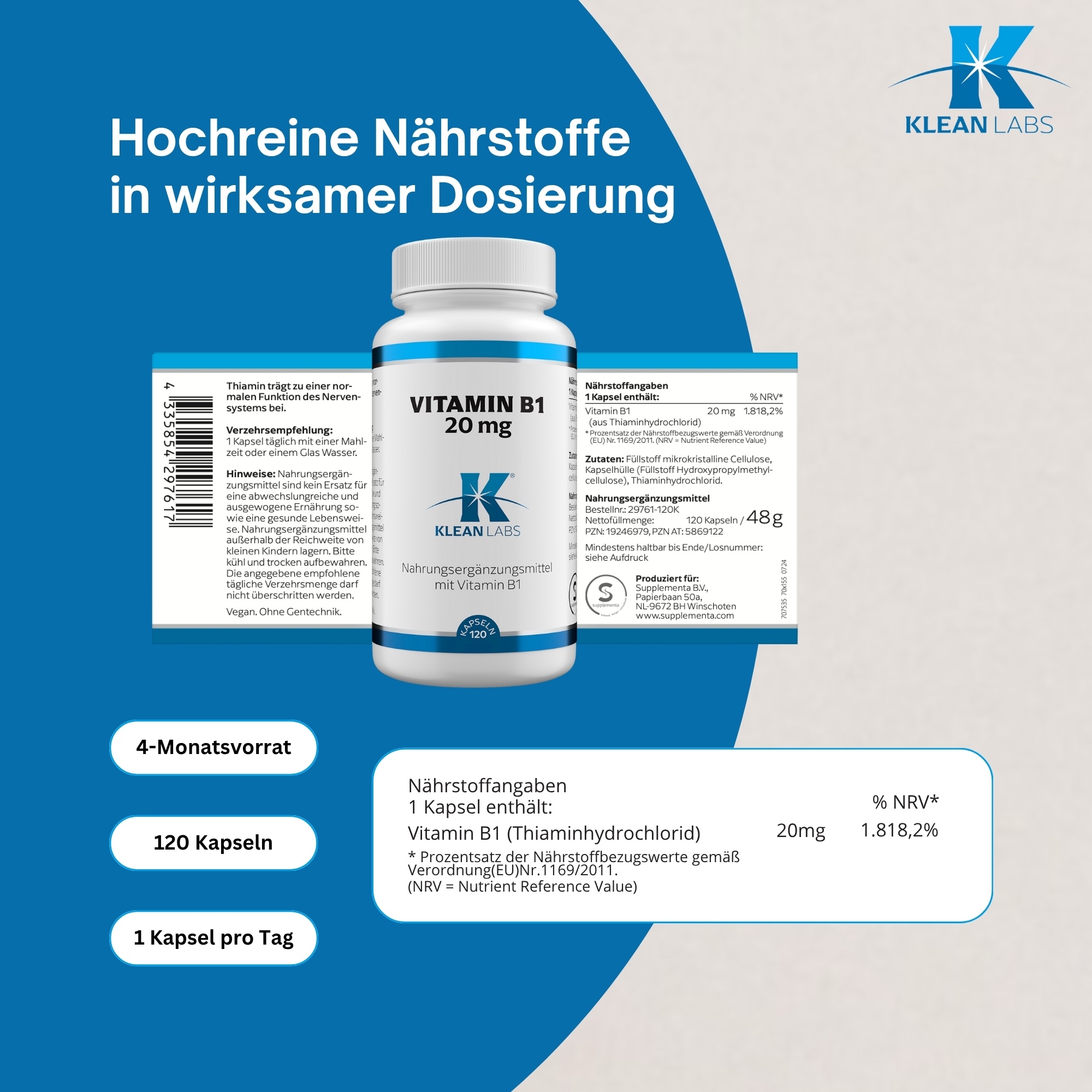 Produktfoto: Eine weiße Plastikflasche mit einem blauen Etikett, auf dem 'Vitamin B1 20 mg' und 'Klean Labs' steht. Es handelt sich um ein Nahrungsergänzungsmittel mit Vitamin B1. Die Flasche hat einen weißen Deckel und enthält 120 Kapseln.