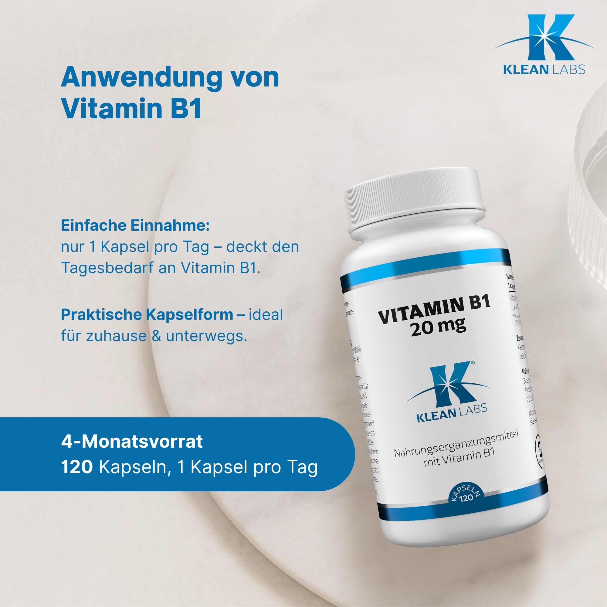 Produktfoto: Eine weiße Plastikflasche mit einem blauen Etikett, auf dem 'Vitamin B1 20 mg' und 'Klean Labs' steht. Es handelt sich um ein Nahrungsergänzungsmittel mit Vitamin B1. Die Flasche hat einen weißen Deckel und enthält 120 Kapseln.