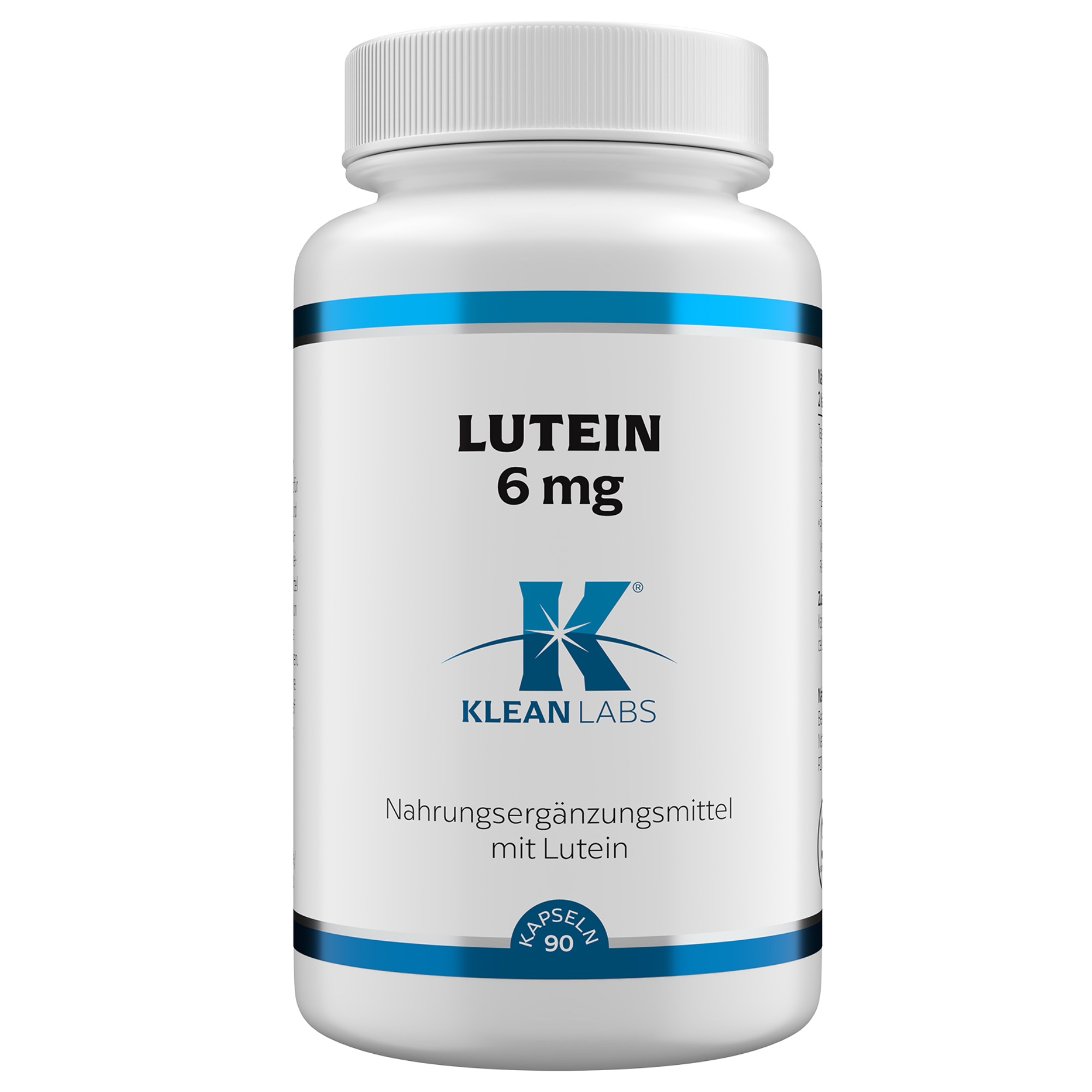 Produktfoto: Ein weißes Plastikgefäß mit einem blauen Streifen am oberen Rand. Auf dem Etikett sind Nährstoffangaben für ein Nahrungsergänzungsmittel mit Tagetes-Blütenextrakt, Lutein und Zeaxanthin. Die Zutatenliste enthält mikrokristalline Cellulose und Kapselhülle aus Hydroxypropylmethylcellulose. Das Produkt wird von Supplementa B.V. in Winschoten, Niederlande, hergestellt. Das Nettogewicht beträgt 29g für 90 Kapseln.