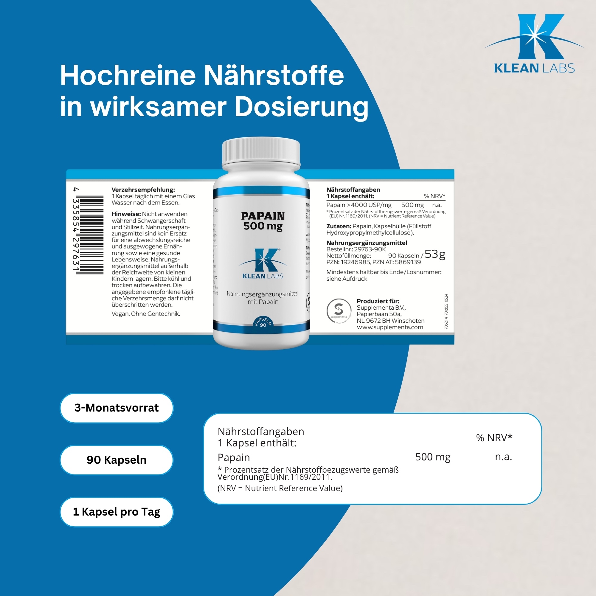 Produktfoto: Eine weiße Flasche mit blauer Aufschrift von Klean Labs. Auf der Flasche steht 'Papain 500 mg'. Es handelt sich um ein Nahrungsergänzungsmittel in Kapselform. Die Flasche hat ein blaues Etikett mit dem Logo von Klean Labs. Auf dem Etikett stehen Informationen zu den Inhaltsstoffen. Die Flasche enthält 90 Kapseln.