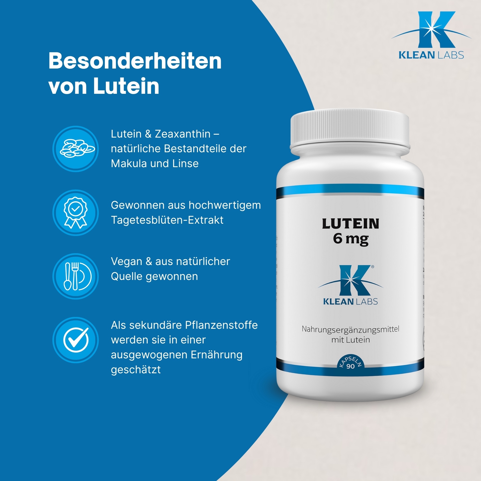 Produktfoto: Ein weißes Plastikgefäß mit einem blauen Streifen am oberen Rand. Auf dem Etikett sind Nährstoffangaben für ein Nahrungsergänzungsmittel mit Tagetes-Blütenextrakt, Lutein und Zeaxanthin. Die Zutatenliste enthält mikrokristalline Cellulose und Kapselhülle aus Hydroxypropylmethylcellulose. Das Produkt wird von Supplementa B.V. in Winschoten, Niederlande, hergestellt. Das Nettogewicht beträgt 29g für 90 Kapseln.