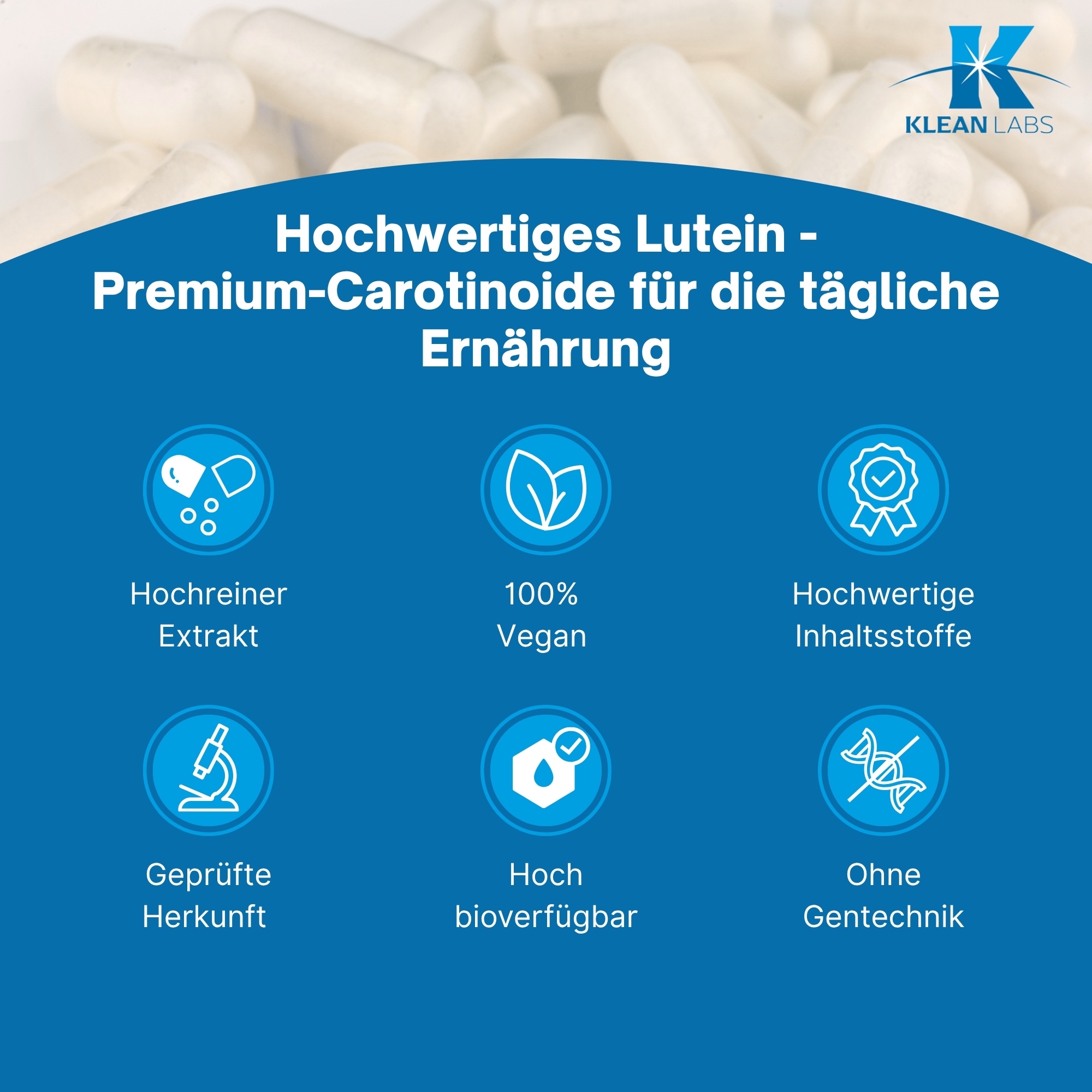 Produktfoto: Ein weißes Plastikgefäß mit einem blauen Streifen am oberen Rand. Auf dem Etikett sind Nährstoffangaben für ein Nahrungsergänzungsmittel mit Tagetes-Blütenextrakt, Lutein und Zeaxanthin. Die Zutatenliste enthält mikrokristalline Cellulose und Kapselhülle aus Hydroxypropylmethylcellulose. Das Produkt wird von Supplementa B.V. in Winschoten, Niederlande, hergestellt. Das Nettogewicht beträgt 29g für 90 Kapseln.