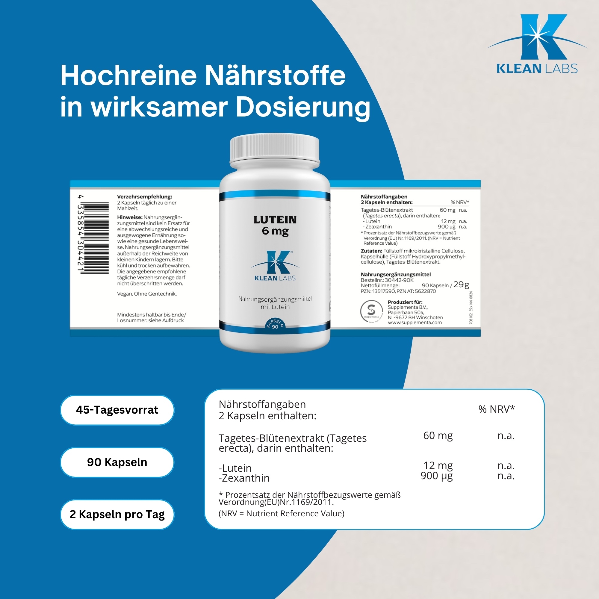 Produktfoto: Ein weißes Plastikgefäß mit einem blauen Streifen am oberen Rand. Auf dem Etikett sind Nährstoffangaben für ein Nahrungsergänzungsmittel mit Tagetes-Blütenextrakt, Lutein und Zeaxanthin. Die Zutatenliste enthält mikrokristalline Cellulose und Kapselhülle aus Hydroxypropylmethylcellulose. Das Produkt wird von Supplementa B.V. in Winschoten, Niederlande, hergestellt. Das Nettogewicht beträgt 29g für 90 Kapseln.