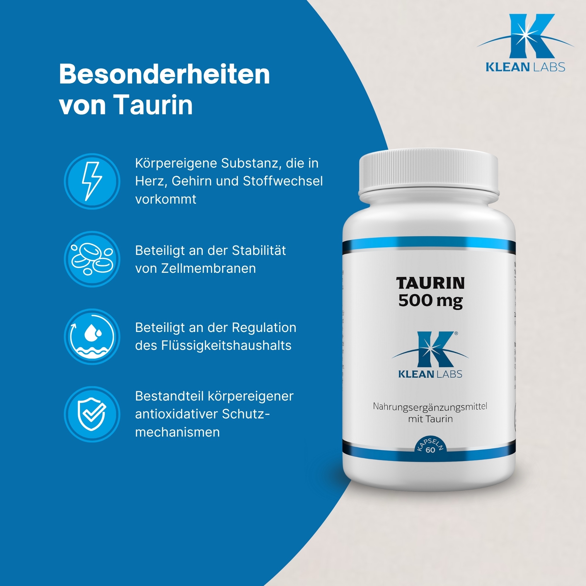 Produktfoto: Eine weiße Plastikflasche mit blauem Etikett, darauf steht 'TAURIN 500 mg' und 'KLEAN LABS'. Die Flasche enthält Nahrungsergänzungsmittel mit Taurin, 60 Kapseln. Der Hintergrund ist einfarbig weiß.
