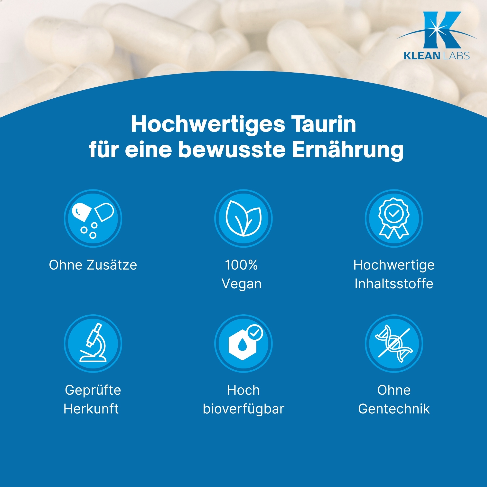 Produktfoto: Eine weiße Plastikflasche mit blauem Etikett, darauf steht 'TAURIN 500 mg' und 'KLEAN LABS'. Die Flasche enthält Nahrungsergänzungsmittel mit Taurin, 60 Kapseln. Der Hintergrund ist einfarbig weiß.
