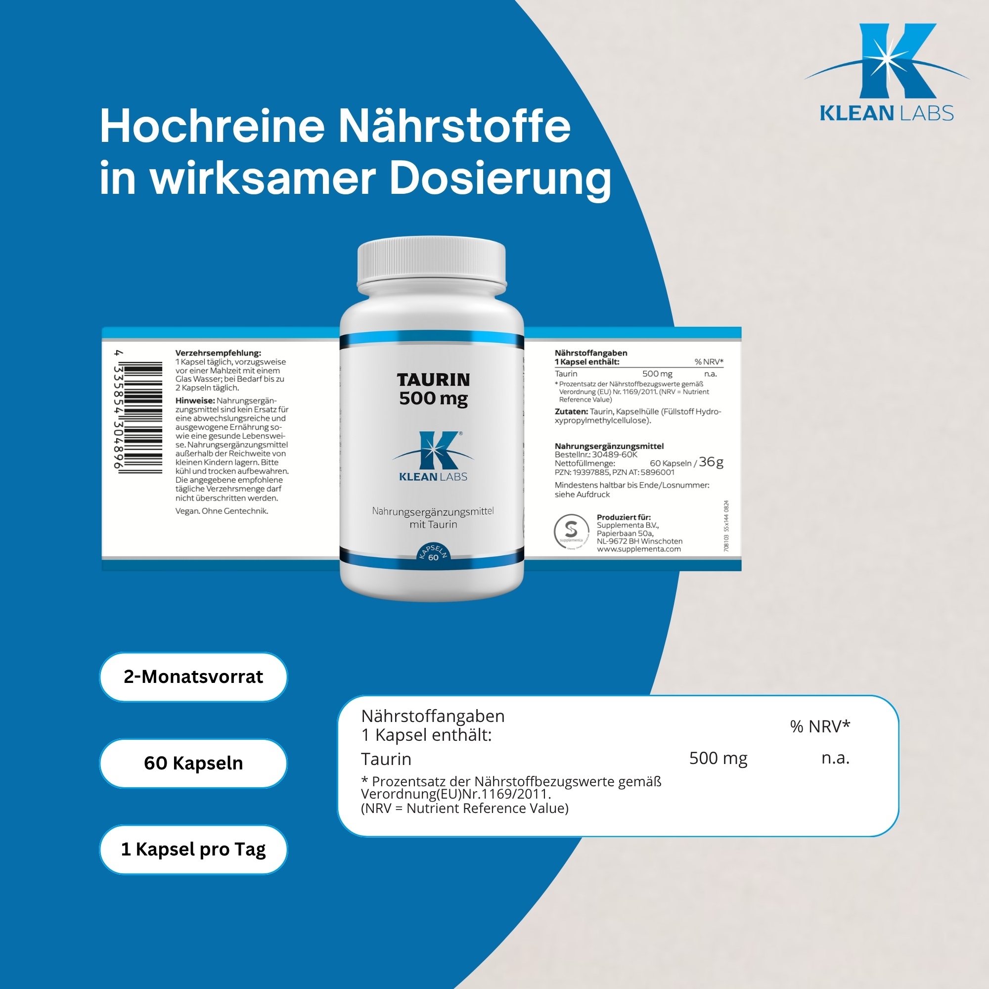 Produktfoto: Eine weiße Plastikflasche mit blauem Etikett, darauf steht 'TAURIN 500 mg' und 'KLEAN LABS'. Die Flasche enthält Nahrungsergänzungsmittel mit Taurin, 60 Kapseln. Der Hintergrund ist einfarbig weiß.