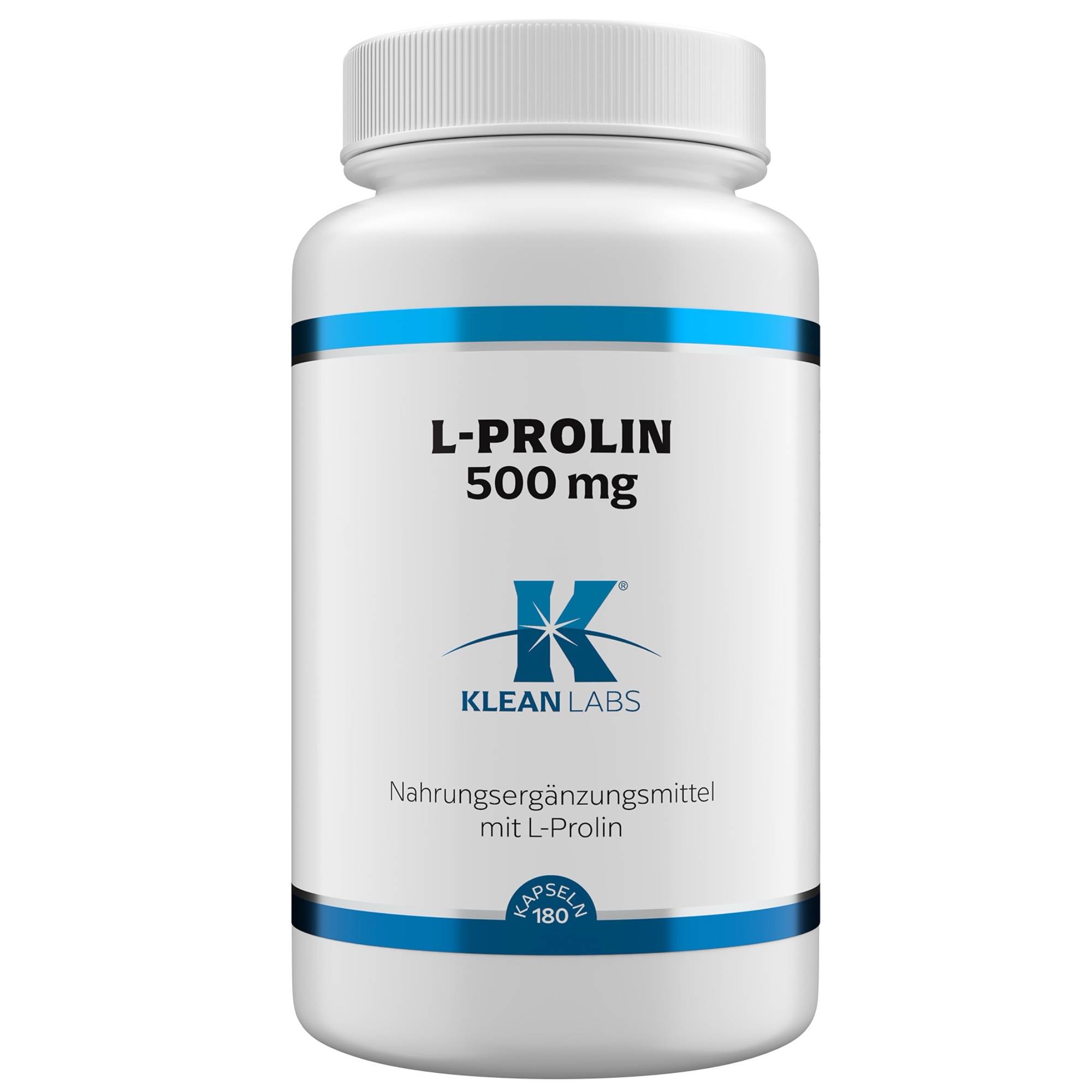 Produktfoto: Eine weiße Plastikflasche mit der Aufschrift 'L-PROLIN 500 mg' von Klean Labs. Die Flasche enthält Nahrungsergänzungsmittel mit L-Prolin, 180 Kapseln. Es gibt blaue Akzente auf der Flasche.