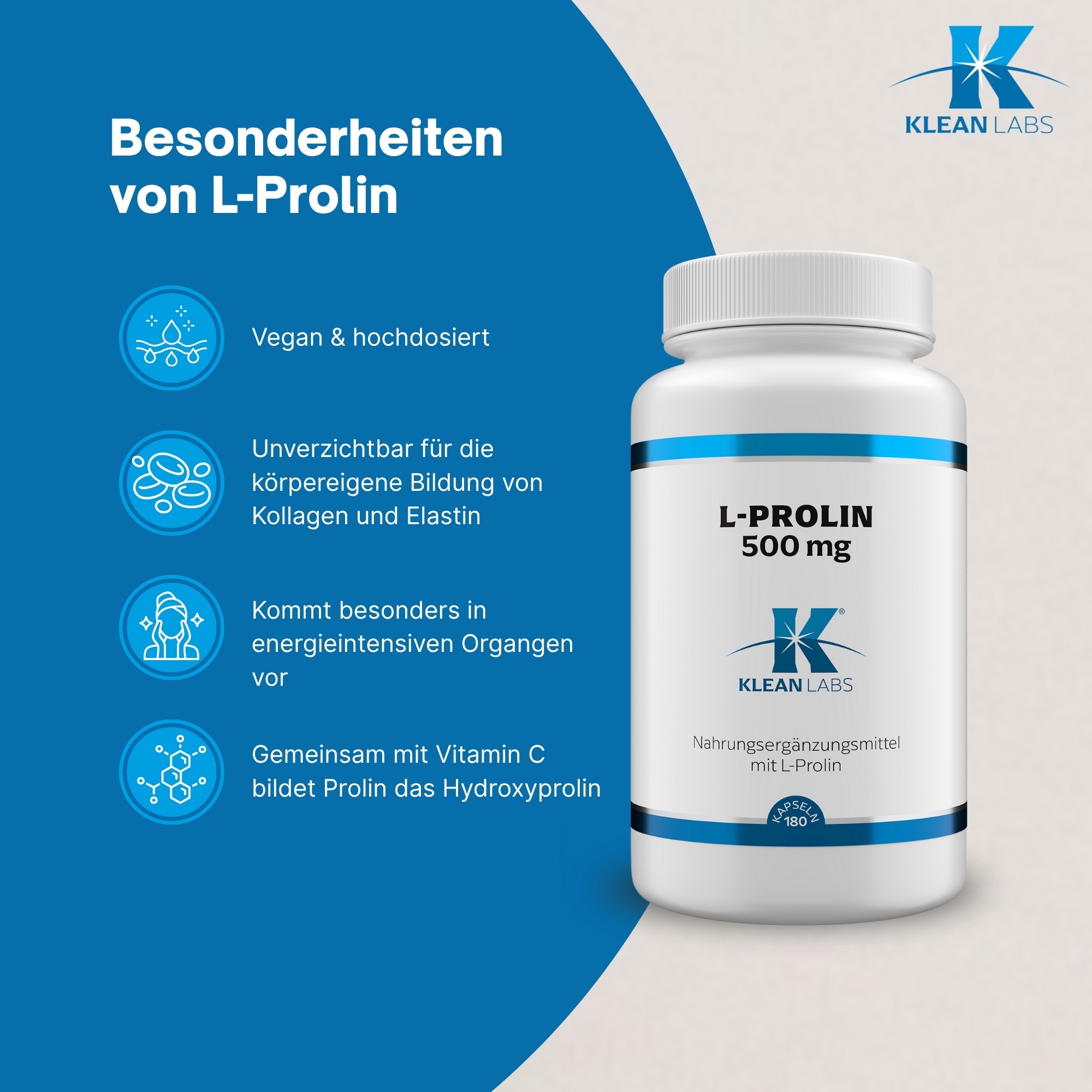 Produktfoto: Eine weiße Plastikflasche mit der Aufschrift 'L-PROLIN 500 mg' von Klean Labs. Die Flasche enthält Nahrungsergänzungsmittel mit L-Prolin, 180 Kapseln. Es gibt blaue Akzente auf der Flasche.