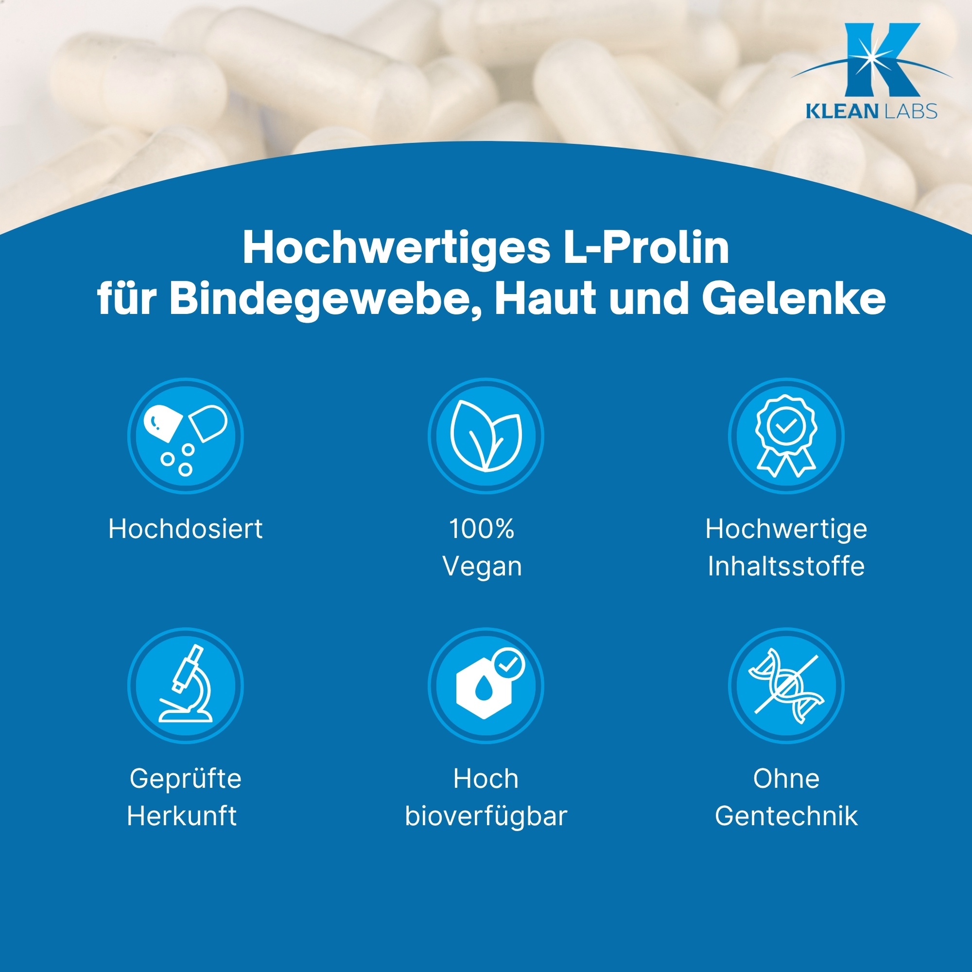 Produktfoto: Eine weiße Plastikflasche mit der Aufschrift 'L-PROLIN 500 mg' von Klean Labs. Die Flasche enthält Nahrungsergänzungsmittel mit L-Prolin, 180 Kapseln. Es gibt blaue Akzente auf der Flasche.
