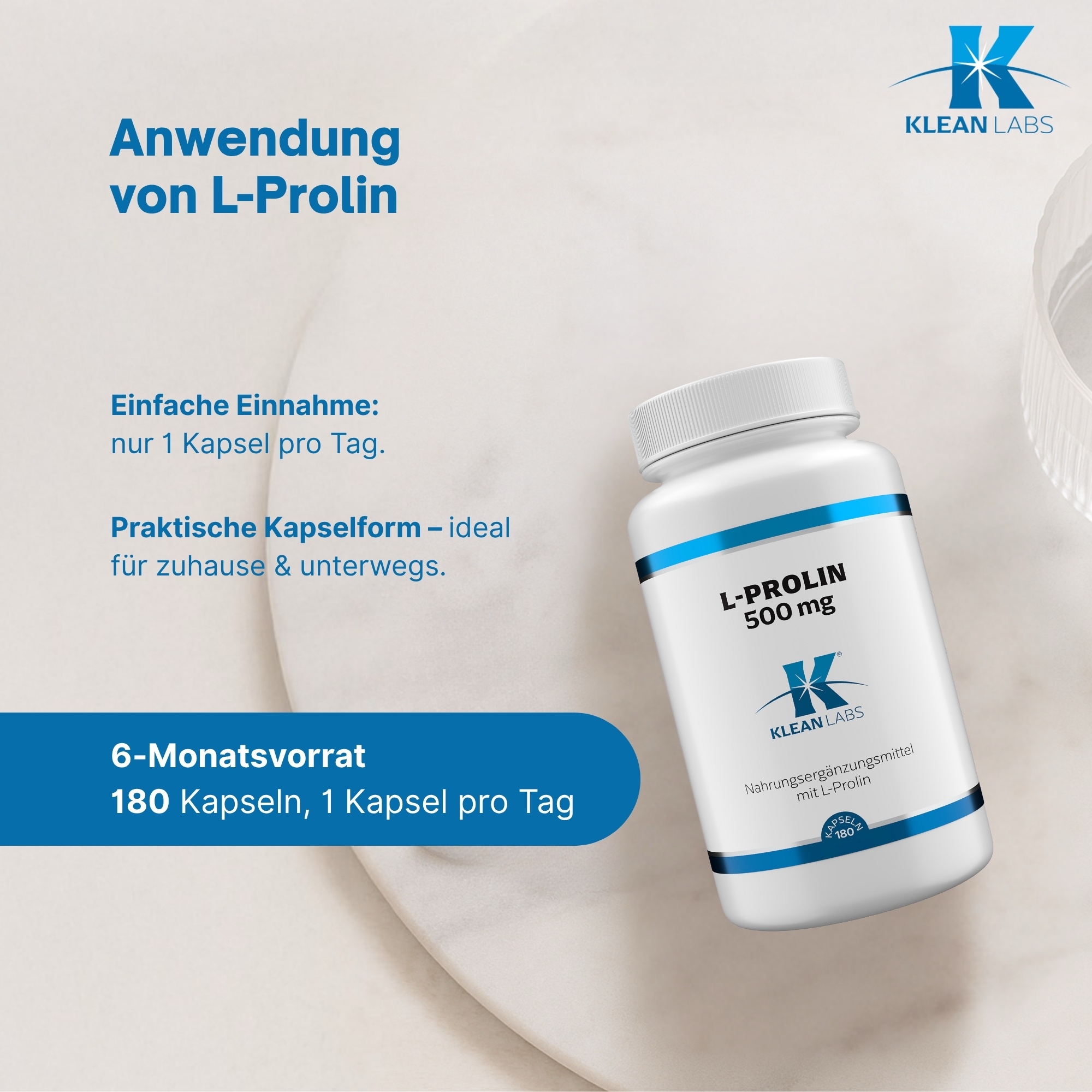 Produktfoto: Eine weiße Plastikflasche mit der Aufschrift 'L-PROLIN 500 mg' von Klean Labs. Die Flasche enthält Nahrungsergänzungsmittel mit L-Prolin, 180 Kapseln. Es gibt blaue Akzente auf der Flasche.