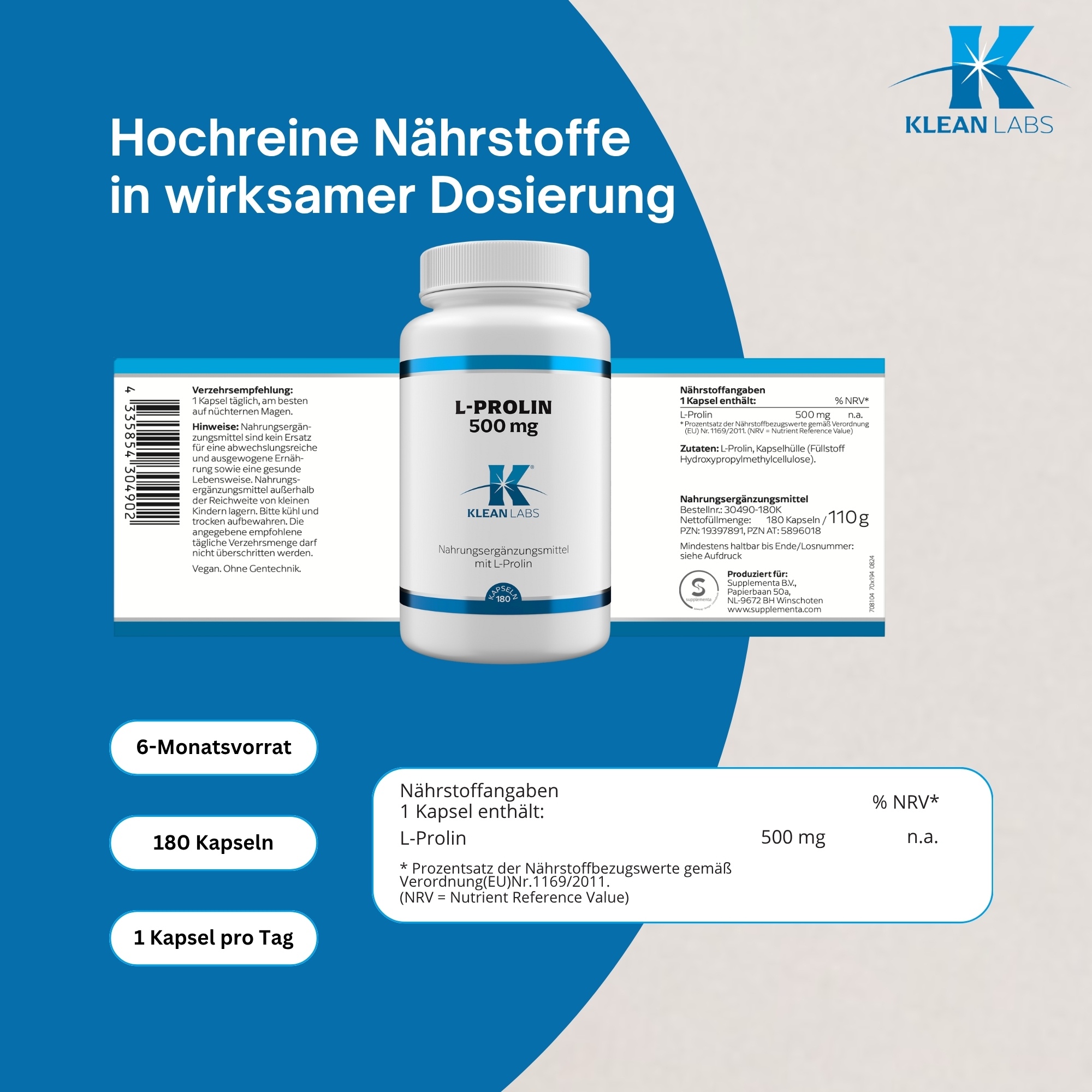 Produktfoto: Eine weiße Plastikflasche mit der Aufschrift 'L-PROLIN 500 mg' von Klean Labs. Die Flasche enthält Nahrungsergänzungsmittel mit L-Prolin, 180 Kapseln. Es gibt blaue Akzente auf der Flasche.