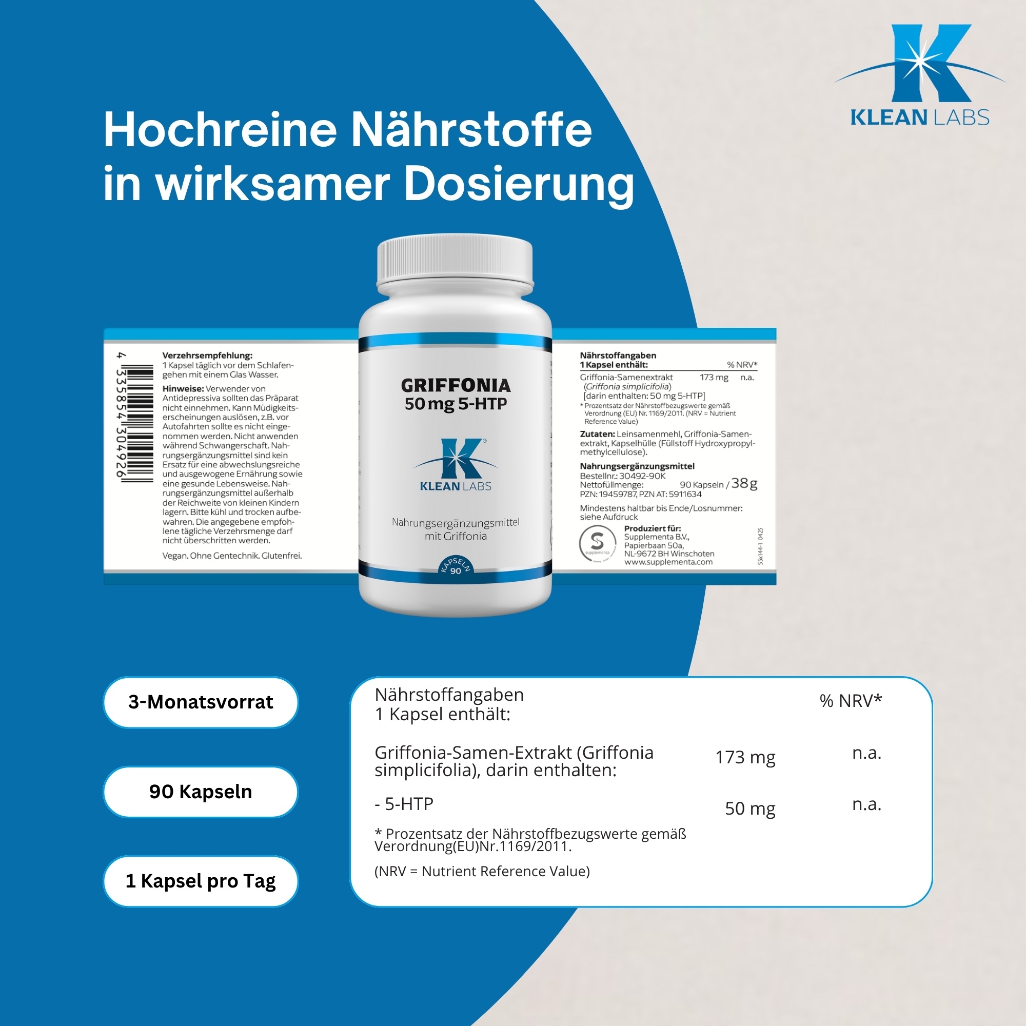 Produktfoto: Das Bild zeigt eine dunkelbraune Flasche mit weißem Deckel. Auf der Flasche befindet sich ein Etikett mit der Verzehrempfehlung: 1 Kapsel täglich vor dem Schlafengehen mit einem Glas Wasser. Hinweise für die Nutzung sind ebenfalls aufgedruckt, z.B. nicht während der Schwangerschaft einnehmen und nicht mit Antidepressiva kombinieren. Die Flasche steht vor einem weißen Hintergrund.