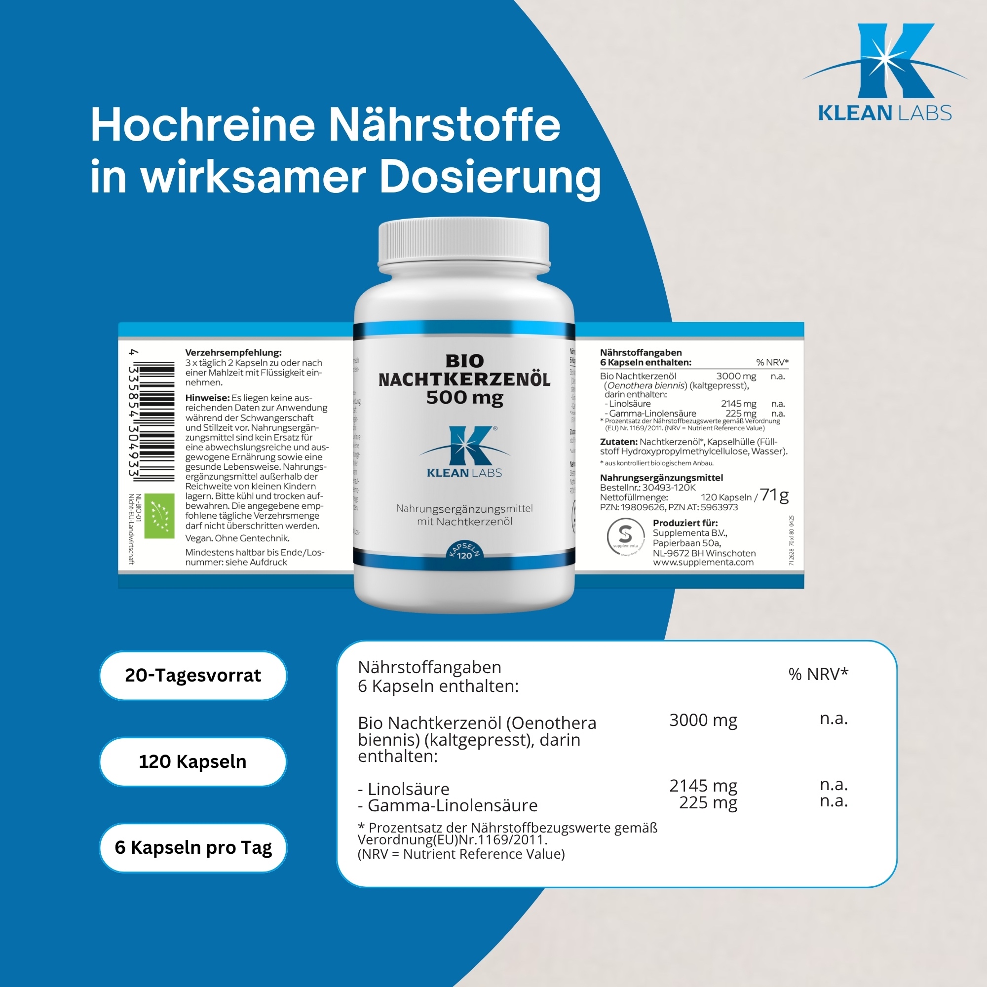 Produktfoto: Nachtkerzenöl 500 mg KLEAN LABS