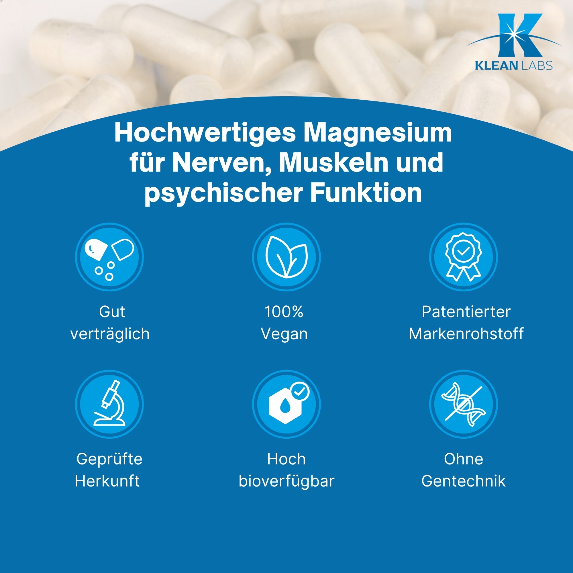 Produktfoto: Das Bild zeigt eine weiße Flasche mit der Aufschrift 'Magtein Magnesium L-Threonat' von Klean Labs auf einem weißen Tisch. Links im Bild sind drei runde Symbole mit den Aufschriften 'Glutenfrei', 'Vegan' und 'Ohne Gentechnik'. Oben rechts befindet sich ein Logo mit der Aufschrift 'Ein Hersteller von Supplementa'. Rechts neben der Flasche ist ein grüner Bambuszweig zu sehen.