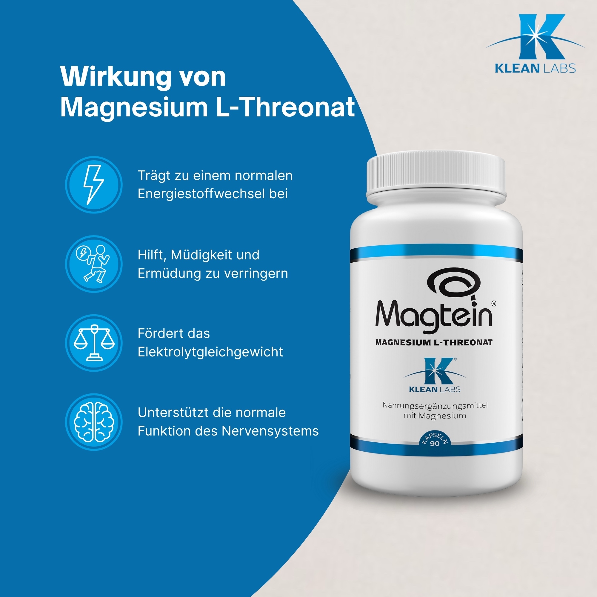 Produktfoto: Das Bild zeigt eine weiße Flasche mit der Aufschrift 'Magtein Magnesium L-Threonat' von Klean Labs auf einem weißen Tisch. Links im Bild sind drei runde Symbole mit den Aufschriften 'Glutenfrei', 'Vegan' und 'Ohne Gentechnik'. Oben rechts befindet sich ein Logo mit der Aufschrift 'Ein Hersteller von Supplementa'. Rechts neben der Flasche ist ein grüner Bambuszweig zu sehen.