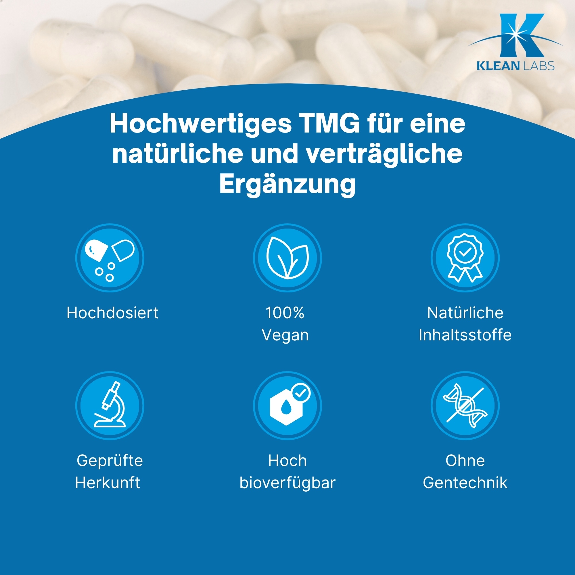 Produktfoto: Das Bild zeigt eine weiße Plastikflasche mit dem Aufdruck 'TMG (Trimethylglycin) 500 mg' von Klean Labs. Es handelt sich um ein Nahrungsergänzungsmittel mit Trimethylglycin. Die Flasche hat einen blauen Deckel und enthält 120 Kapseln.