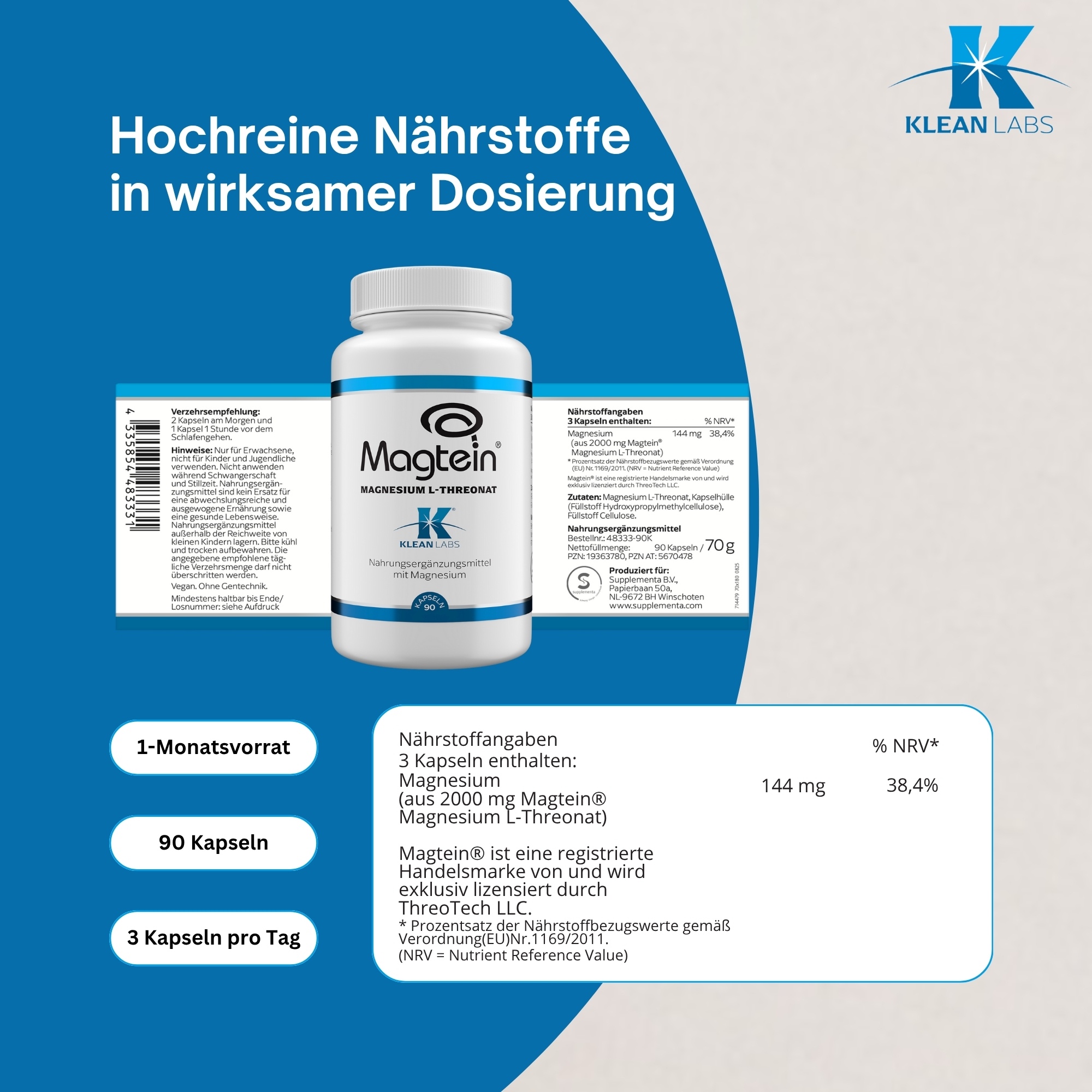 Produktfoto: Das Bild zeigt eine weiße Flasche mit der Aufschrift 'Magtein Magnesium L-Threonat' von Klean Labs auf einem weißen Tisch. Links im Bild sind drei runde Symbole mit den Aufschriften 'Glutenfrei', 'Vegan' und 'Ohne Gentechnik'. Oben rechts befindet sich ein Logo mit der Aufschrift 'Ein Hersteller von Supplementa'. Rechts neben der Flasche ist ein grüner Bambuszweig zu sehen.