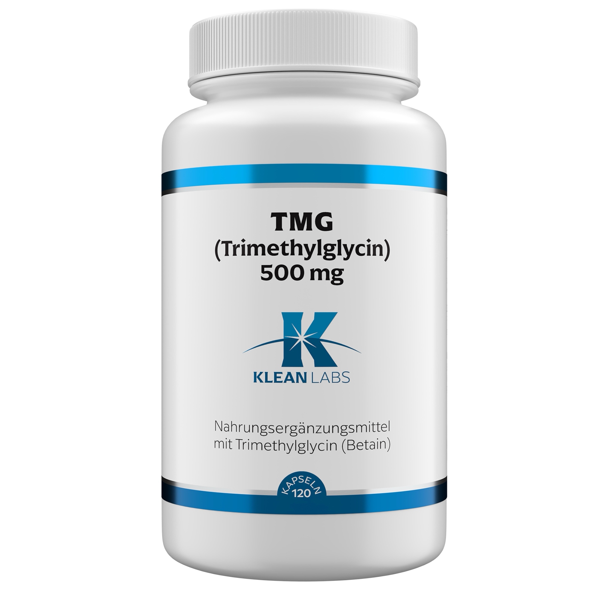 Produktfoto: Das Bild zeigt eine weiße Plastikflasche mit dem Aufdruck 'TMG (Trimethylglycin) 500 mg' von Klean Labs. Es handelt sich um ein Nahrungsergänzungsmittel mit Trimethylglycin. Die Flasche hat einen blauen Deckel und enthält 120 Kapseln.