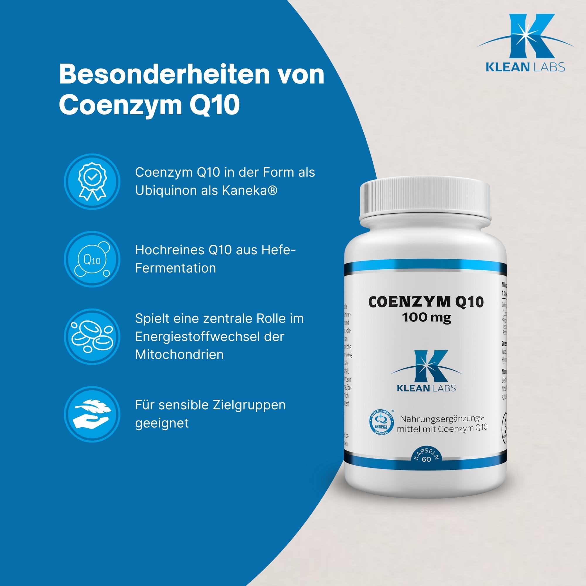 Produktfoto: Eine weiße Plastikflasche mit blauem Etikett. Die Flasche enthält Nahrungsergänzungsmittel Coenzym Q10. Auf dem Etikett stehen Inhaltsstoffe und Herstellerinformationen. Das Produkt wird von Supplementa B.V. in Winschoten, Niederlande, hergestellt.