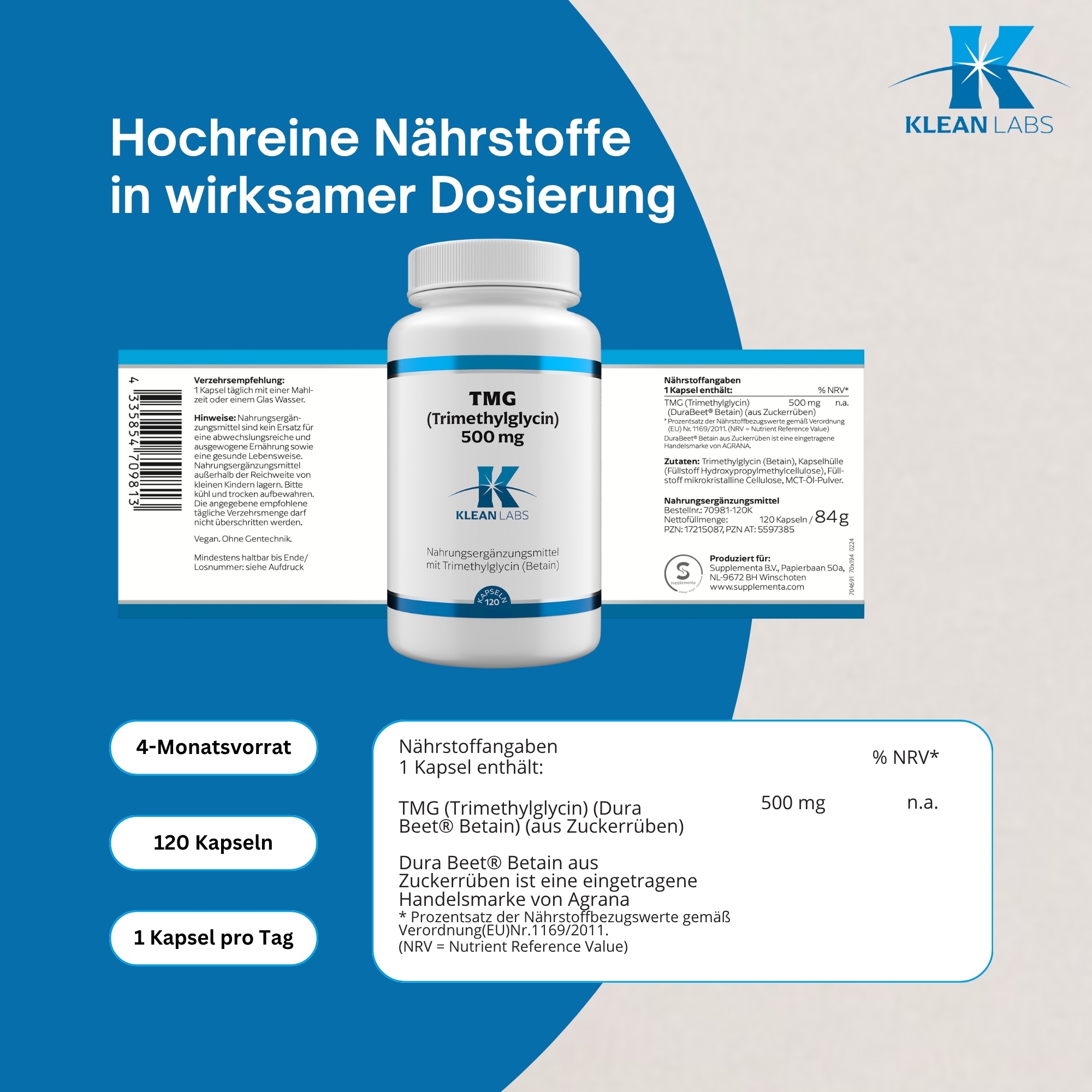 Produktfoto: Das Bild zeigt eine weiße Plastikflasche mit dem Aufdruck 'TMG (Trimethylglycin) 500 mg' von Klean Labs. Es handelt sich um ein Nahrungsergänzungsmittel mit Trimethylglycin. Die Flasche hat einen blauen Deckel und enthält 120 Kapseln.