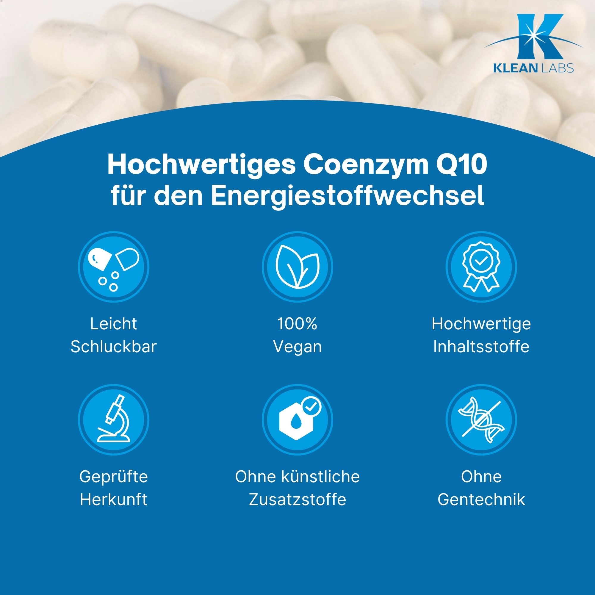 Produktfoto: Eine weiße Plastikflasche mit blauem Etikett. Die Flasche enthält Nahrungsergänzungsmittel Coenzym Q10. Auf dem Etikett stehen Inhaltsstoffe und Herstellerinformationen. Das Produkt wird von Supplementa B.V. in Winschoten, Niederlande, hergestellt.
