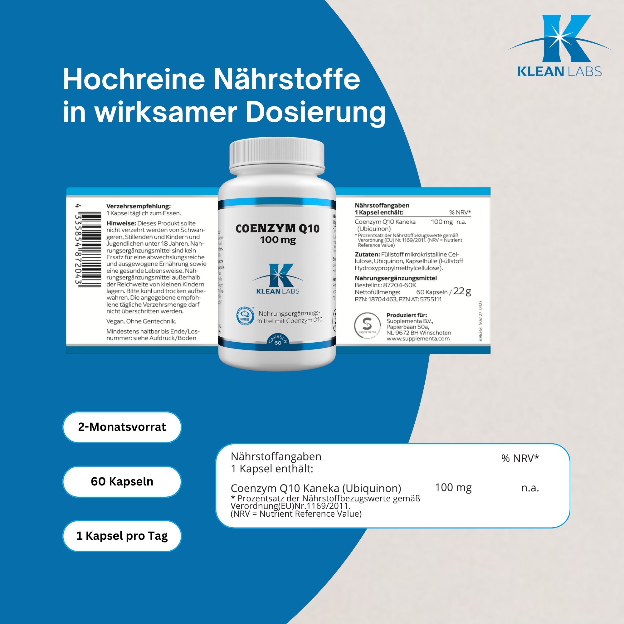 Produktfoto: Eine weiße Plastikflasche mit blauem Etikett. Die Flasche enthält Nahrungsergänzungsmittel Coenzym Q10. Auf dem Etikett stehen Inhaltsstoffe und Herstellerinformationen. Das Produkt wird von Supplementa B.V. in Winschoten, Niederlande, hergestellt.