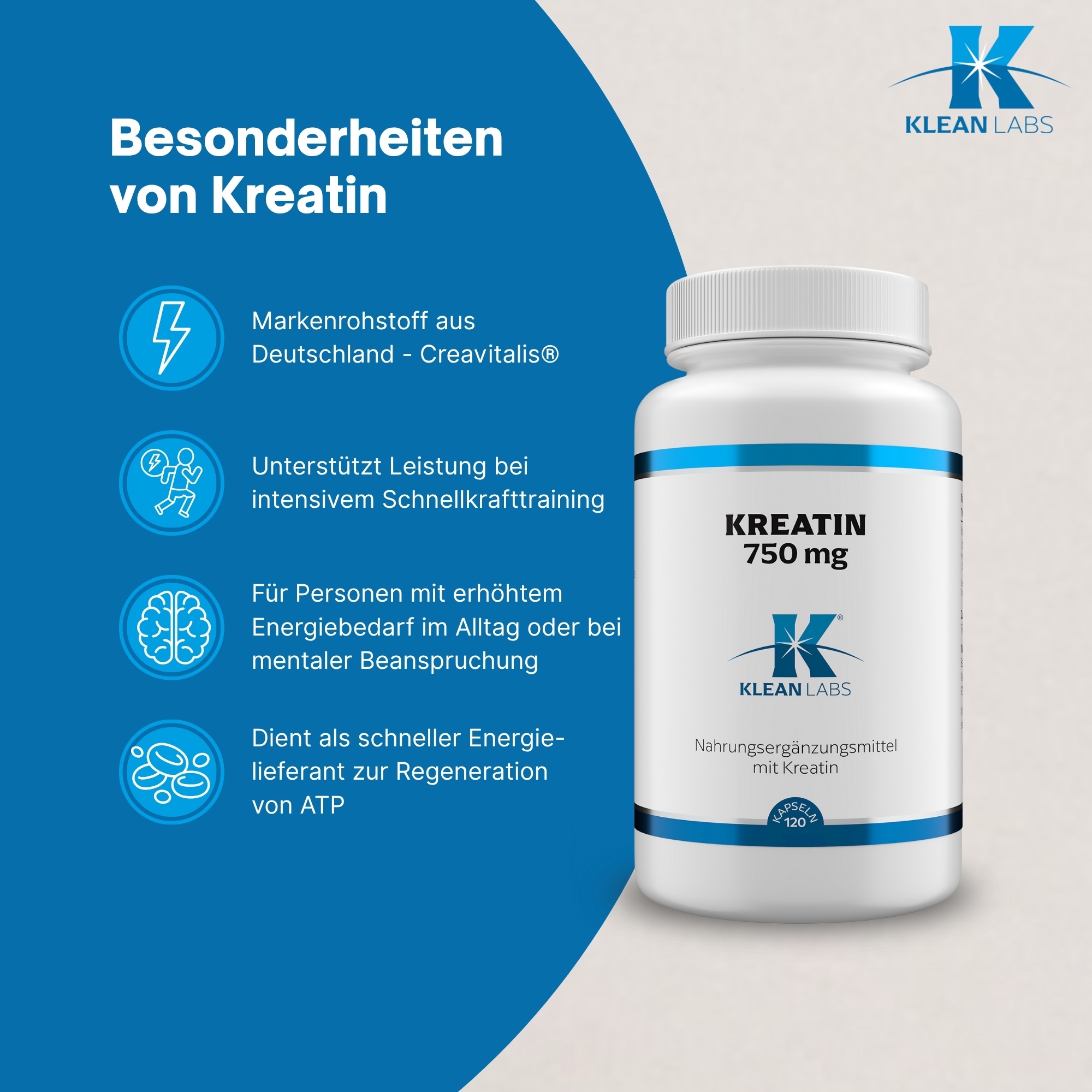 Produktfoto: Eine weiße Plastikflasche mit blauem Etikett, auf dem 'Kreatin 750 mg' steht. Darunter ist das Logo 'Klean Labs' und die Aufschrift 'Nahrungsergänzungsmittel mit Kreatin'. Die Flasche hat einen weißen Schraubverschluss.