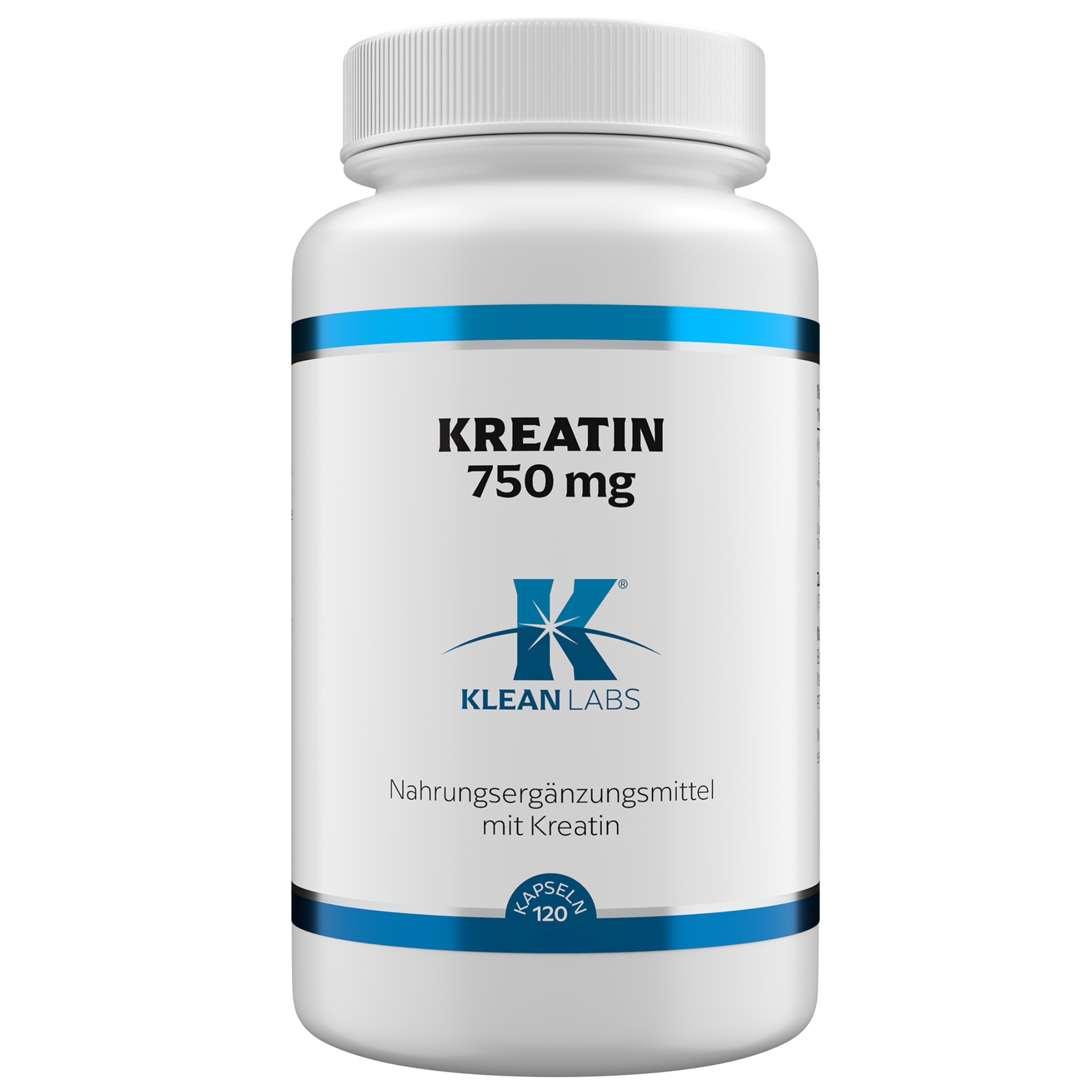 Produktfoto: Eine weiße Plastikflasche mit blauem Etikett, auf dem 'Kreatin 750 mg' steht. Darunter ist das Logo 'Klean Labs' und die Aufschrift 'Nahrungsergänzungsmittel mit Kreatin'. Die Flasche hat einen weißen Schraubverschluss.