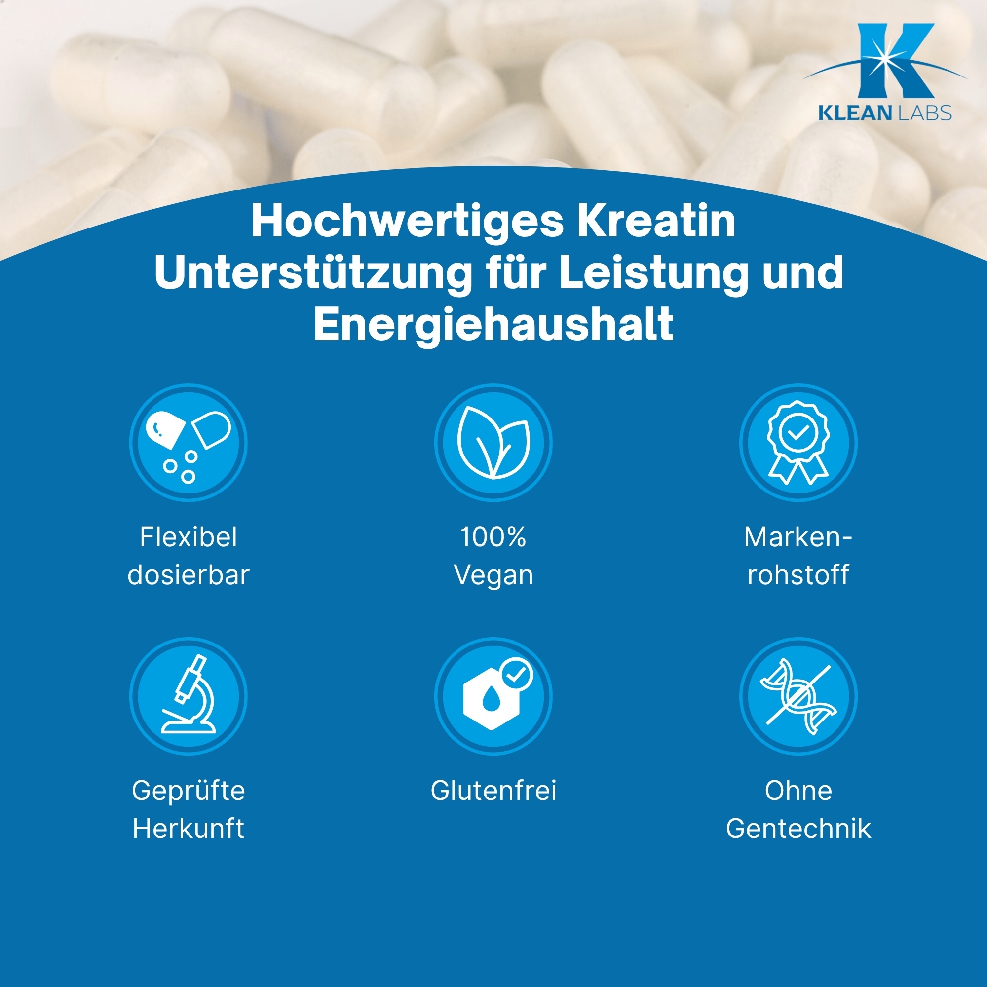 Produktfoto: Eine weiße Plastikflasche mit blauem Etikett, auf dem 'Kreatin 750 mg' steht. Darunter ist das Logo 'Klean Labs' und die Aufschrift 'Nahrungsergänzungsmittel mit Kreatin'. Die Flasche hat einen weißen Schraubverschluss.