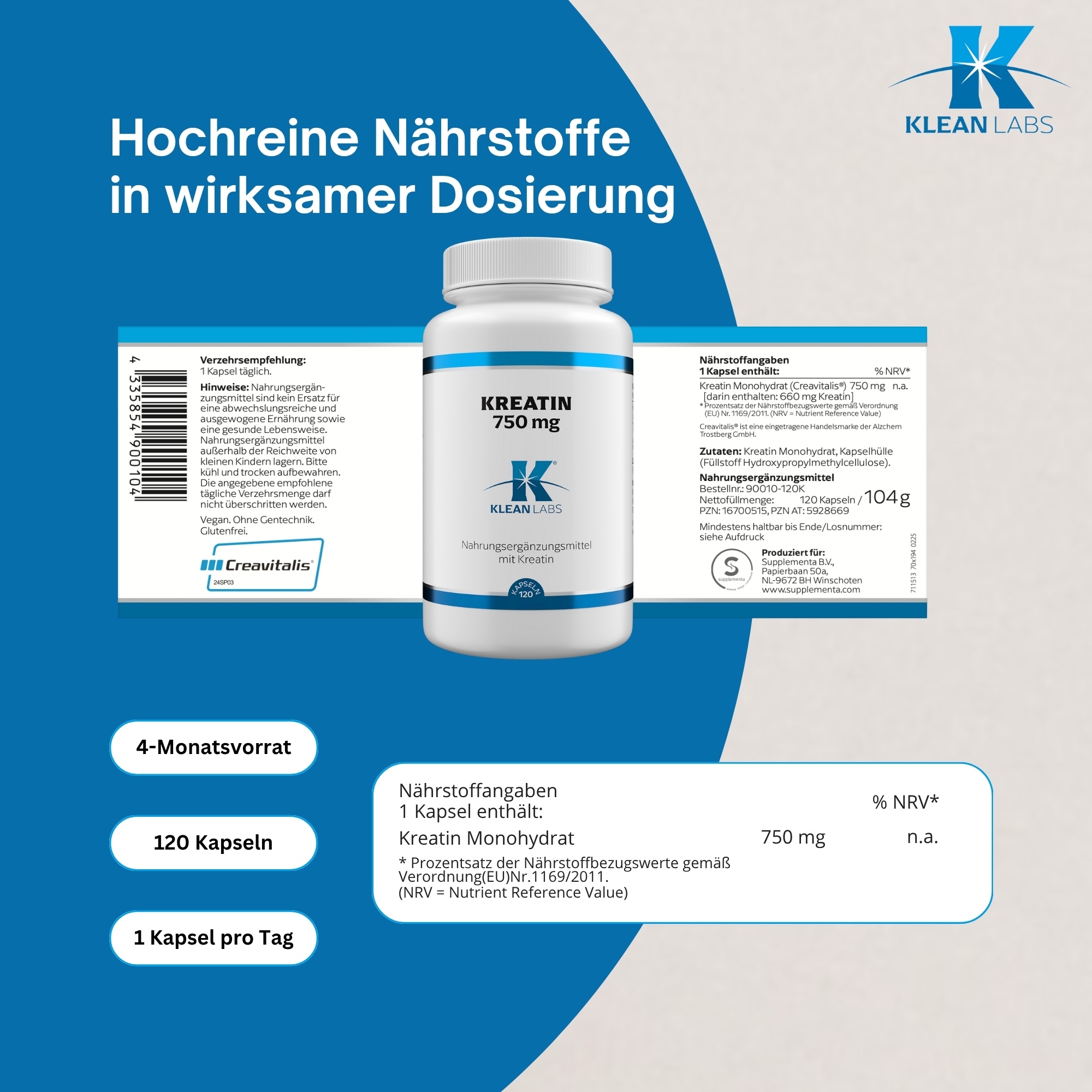 Produktfoto: Eine weiße Plastikflasche mit blauem Etikett, auf dem 'Kreatin 750 mg' steht. Darunter ist das Logo 'Klean Labs' und die Aufschrift 'Nahrungsergänzungsmittel mit Kreatin'. Die Flasche hat einen weißen Schraubverschluss.