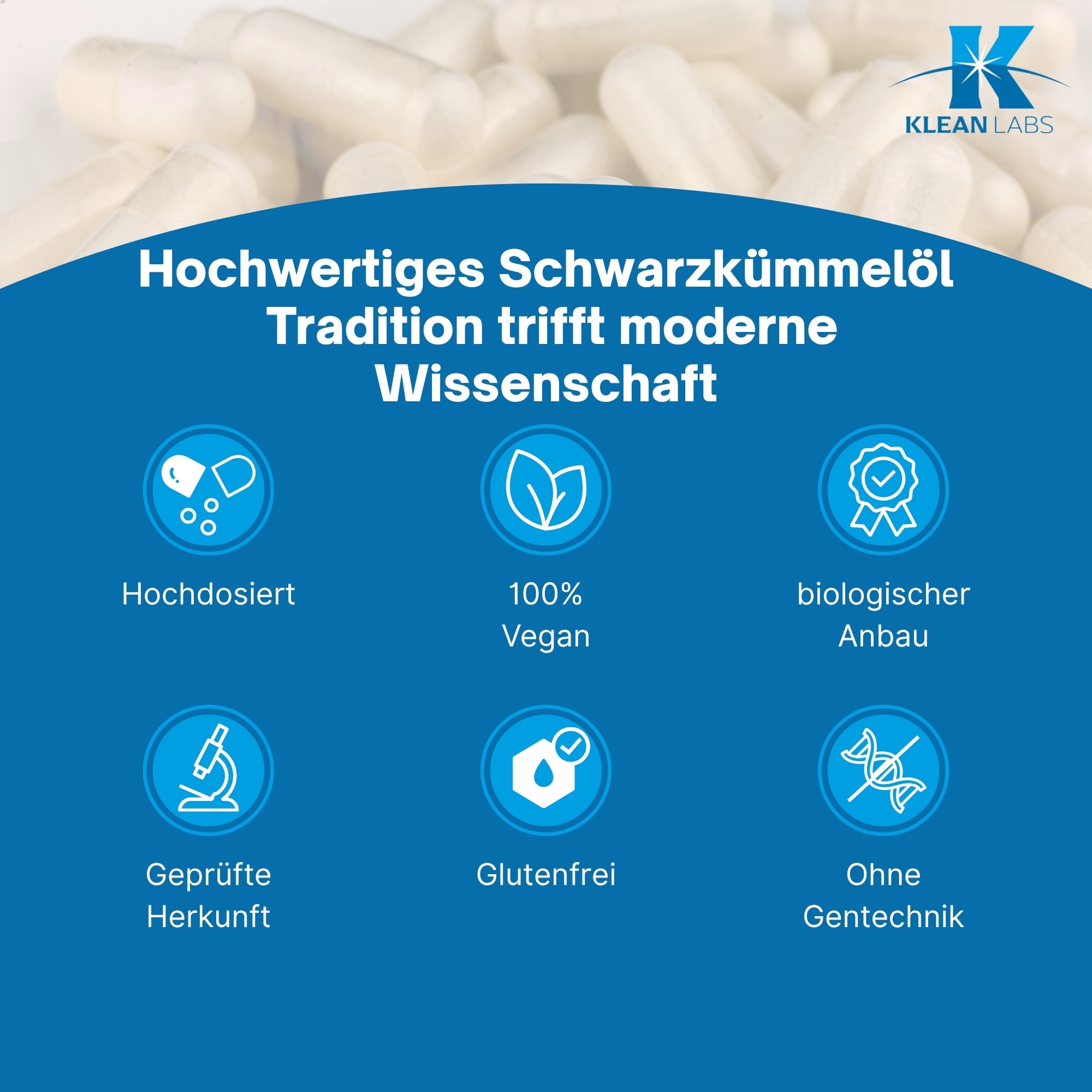 Produktfoto: Eine braune Flasche mit schwarzem Deckel, auf der ein weißes Etikett mit der Aufschrift 'Bio Schwarzkümmelöl Klean Labs' zu sehen ist. Das Etikett enthält auch ein blaues Logo und den Hinweis 'Nahrungsergänzungsmittel mit Schwarzkümmelöl'.