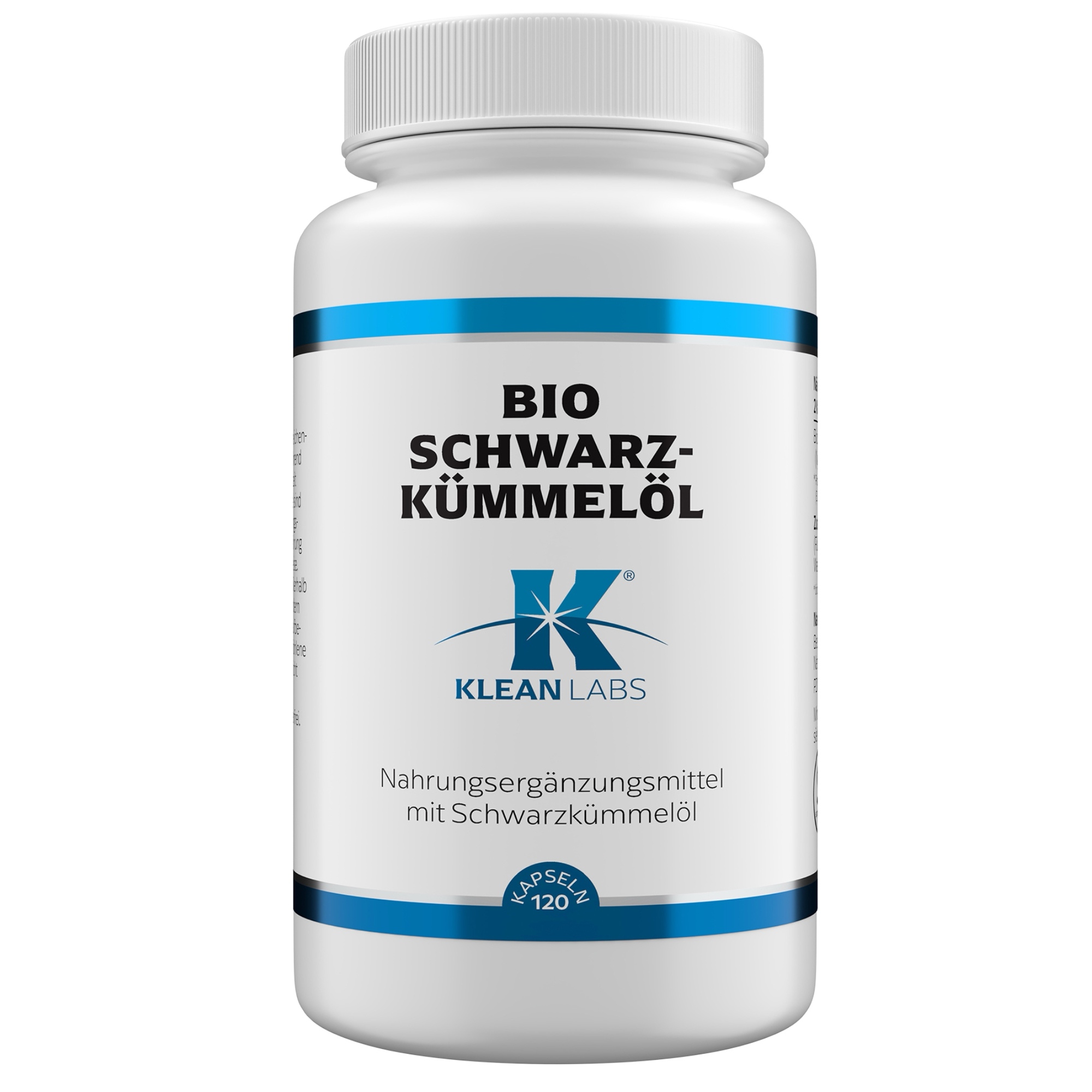 Produktfoto: Eine braune Flasche mit schwarzem Deckel, auf der ein weißes Etikett mit der Aufschrift 'Bio Schwarzkümmelöl Klean Labs' zu sehen ist. Das Etikett enthält auch ein blaues Logo und den Hinweis 'Nahrungsergänzungsmittel mit Schwarzkümmelöl'.