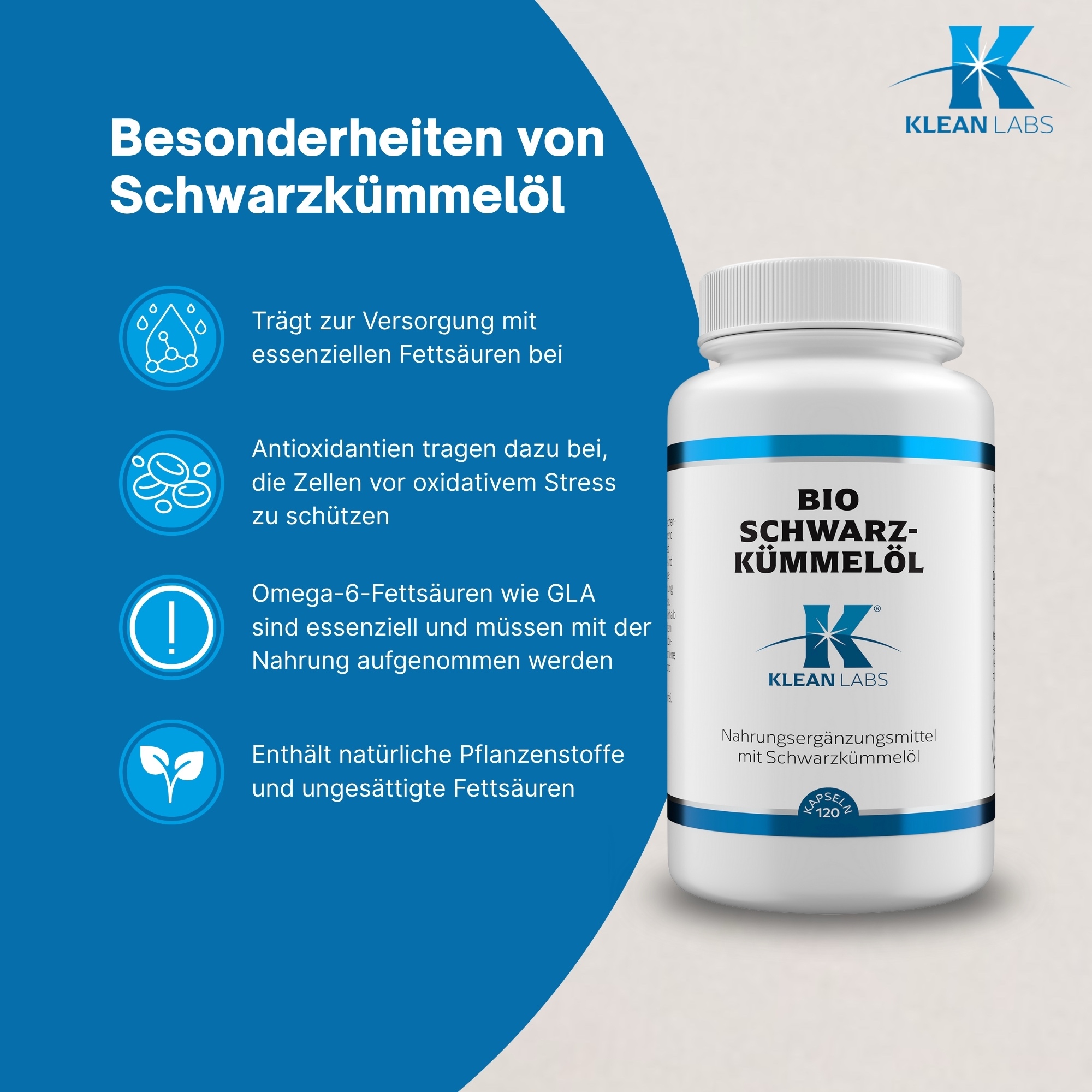 Produktfoto: Eine braune Flasche mit schwarzem Deckel, auf der ein weißes Etikett mit der Aufschrift 'Bio Schwarzkümmelöl Klean Labs' zu sehen ist. Das Etikett enthält auch ein blaues Logo und den Hinweis 'Nahrungsergänzungsmittel mit Schwarzkümmelöl'.