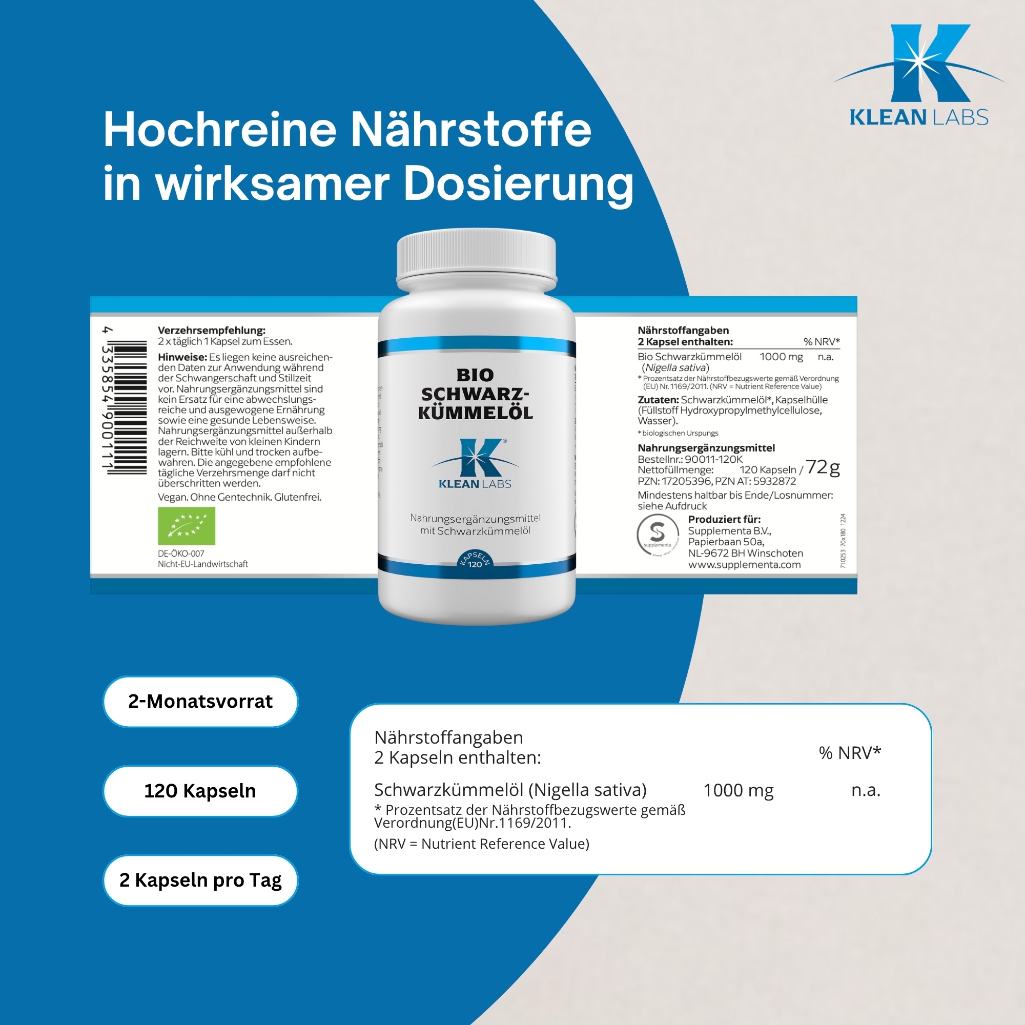 Produktfoto: Eine braune Flasche mit schwarzem Deckel, auf der ein weißes Etikett mit der Aufschrift 'Bio Schwarzkümmelöl Klean Labs' zu sehen ist. Das Etikett enthält auch ein blaues Logo und den Hinweis 'Nahrungsergänzungsmittel mit Schwarzkümmelöl'.