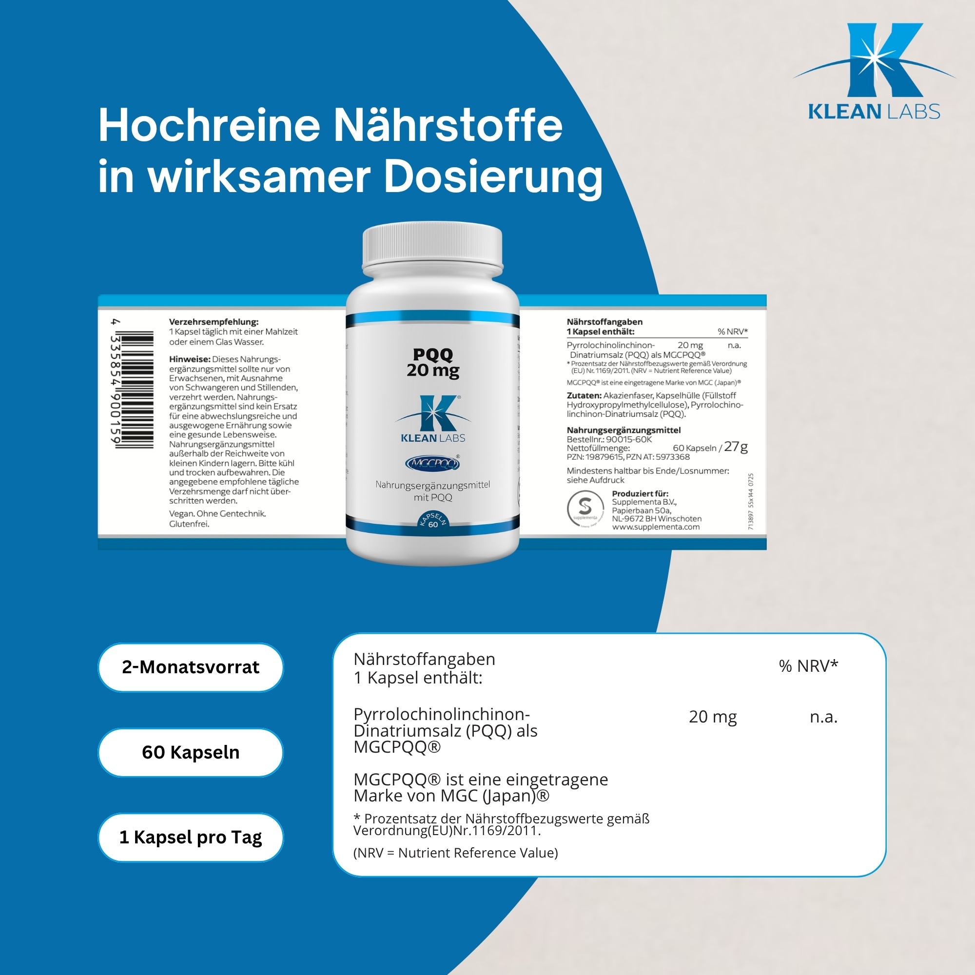 Produktfoto: PQQ 20 mg | Klean Labs