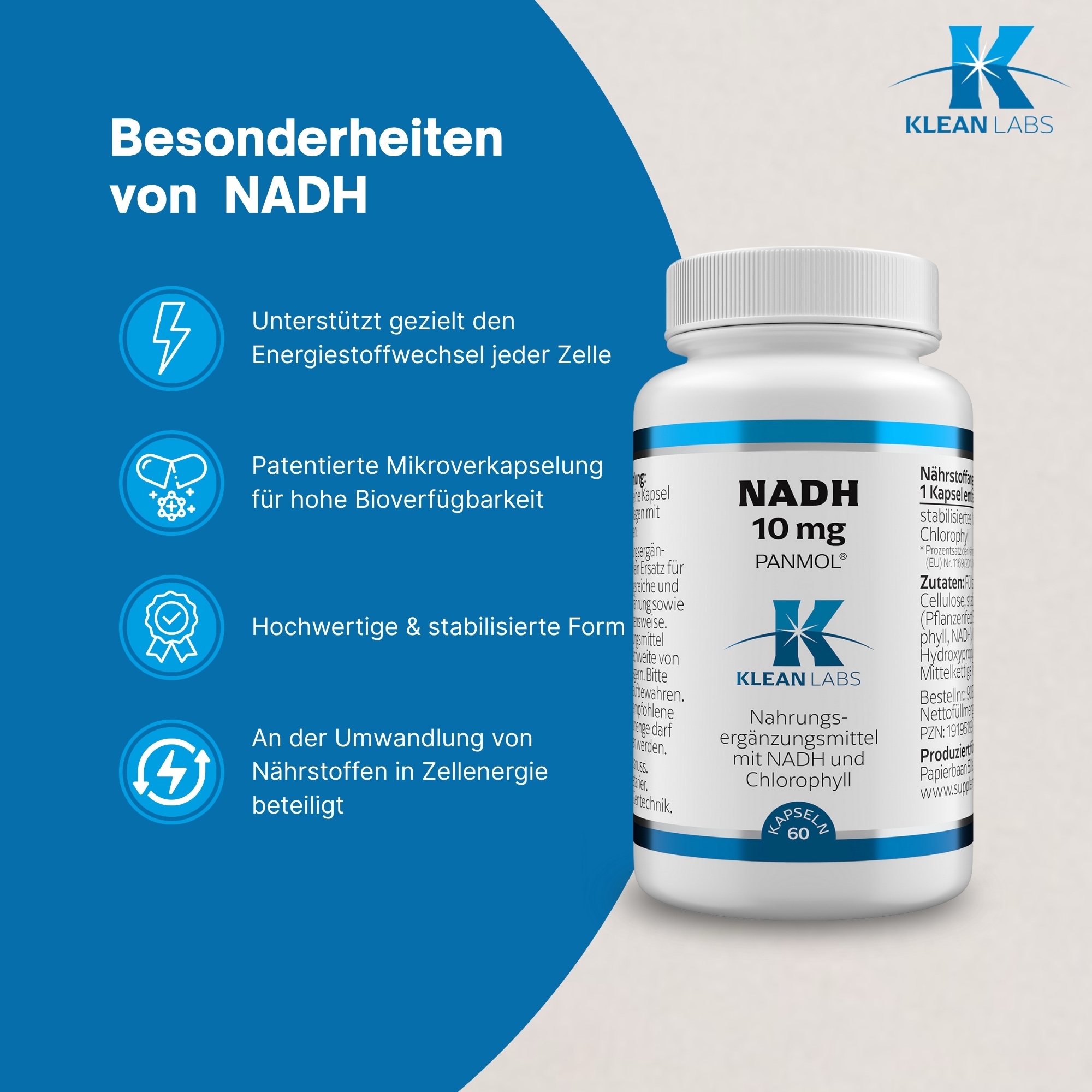 Produktfoto: Eine weiße Plastikflasche mit Schraubverschluss, die ein Nahrungsergänzungsmittel enthält. Auf dem Etikett steht 'NADH 10 mg PANMOL', 'KLEAN LABS', und es enthält Informationen zu Inhaltsstoffen und Anwendungshinweisen. Die Flasche hat ein blaues und weißes Design mit Text in schwarzer Schrift. Das Etikett enthält auch ein Logo mit einem stilisierten Buchstaben 'K'.